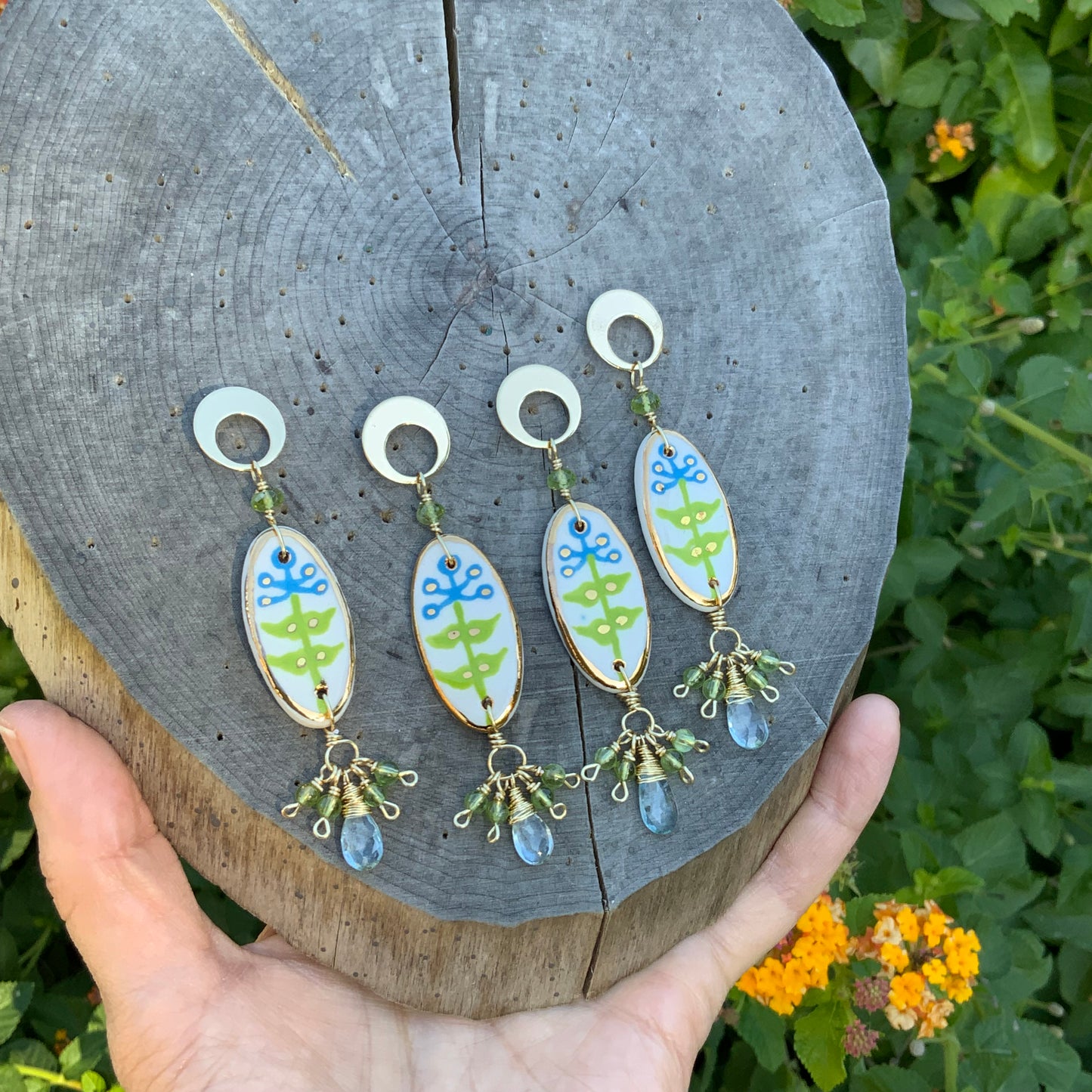 Modern Ceramic Blue Bonnet bead and Gemstone cluster earrings