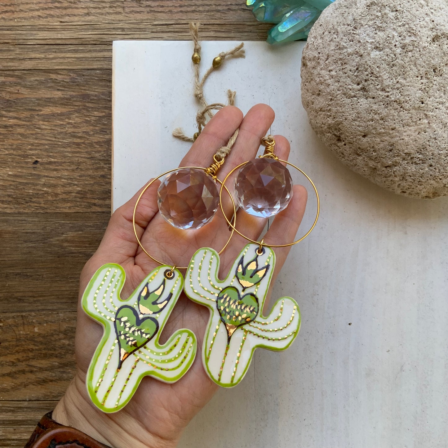 Sacred Saguaro sun catcher ornament, ceramic cactus prism ornament