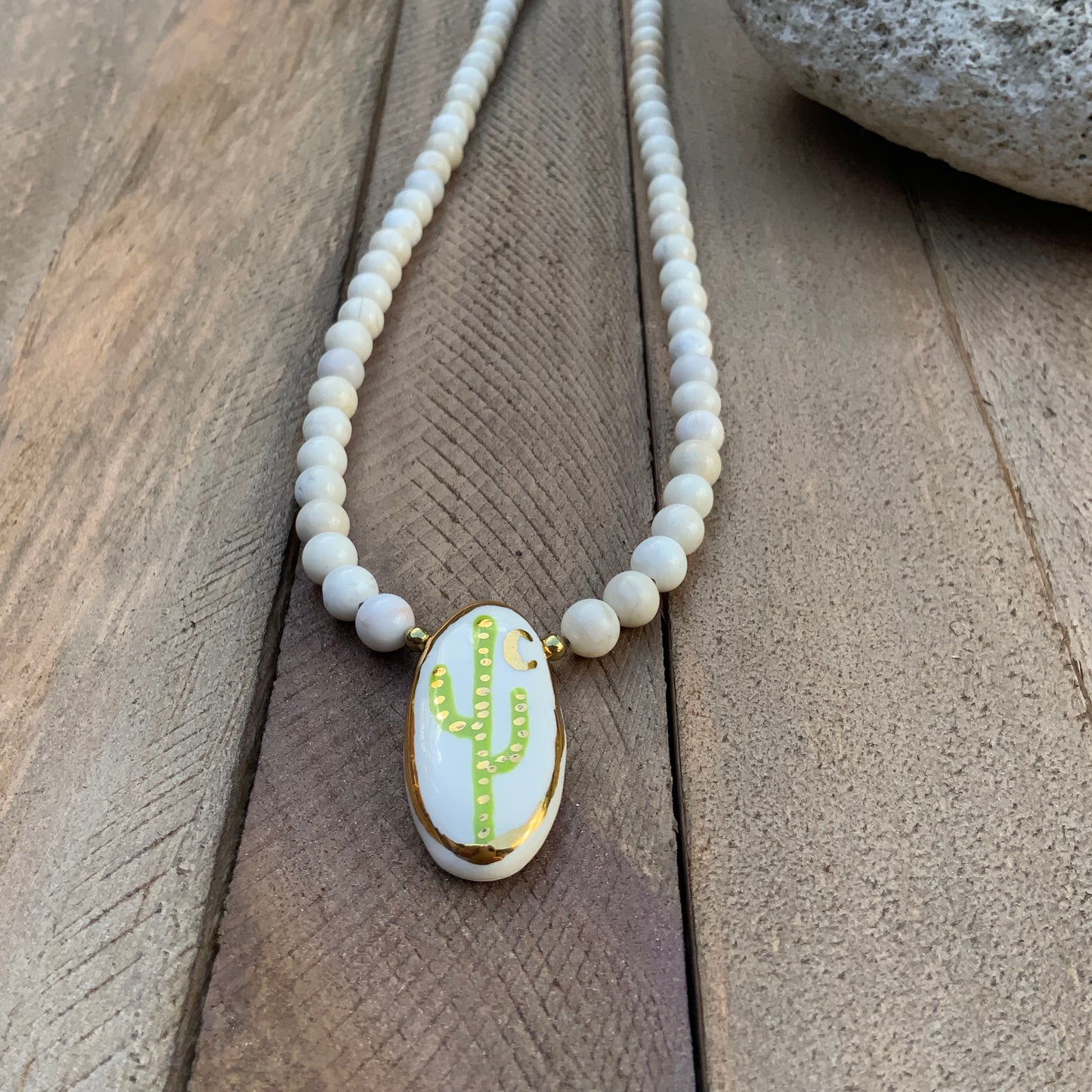 Moonlit Saguaro Cactus ceramic bead and white coral fossil necklace