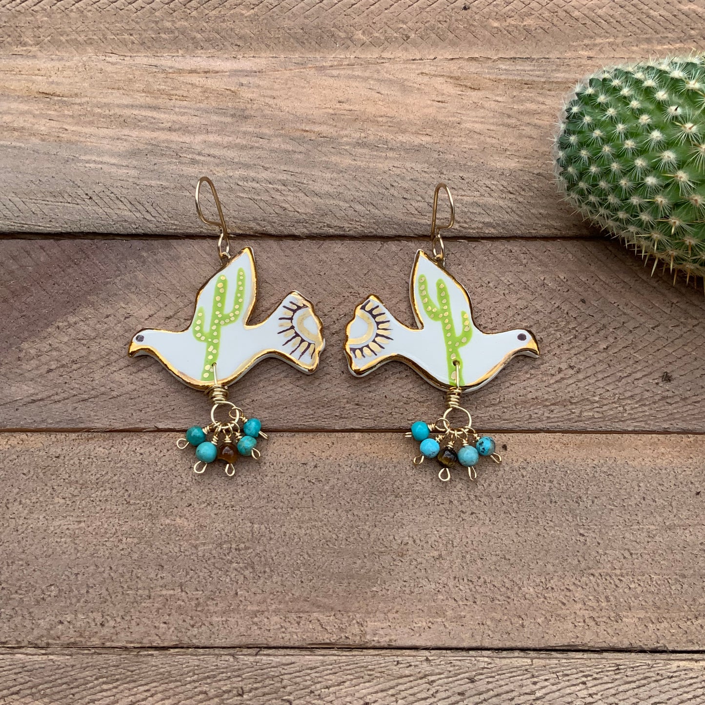 Ceramic Saguaro Cactus Pajarito and genuine turquoise cluster earrings