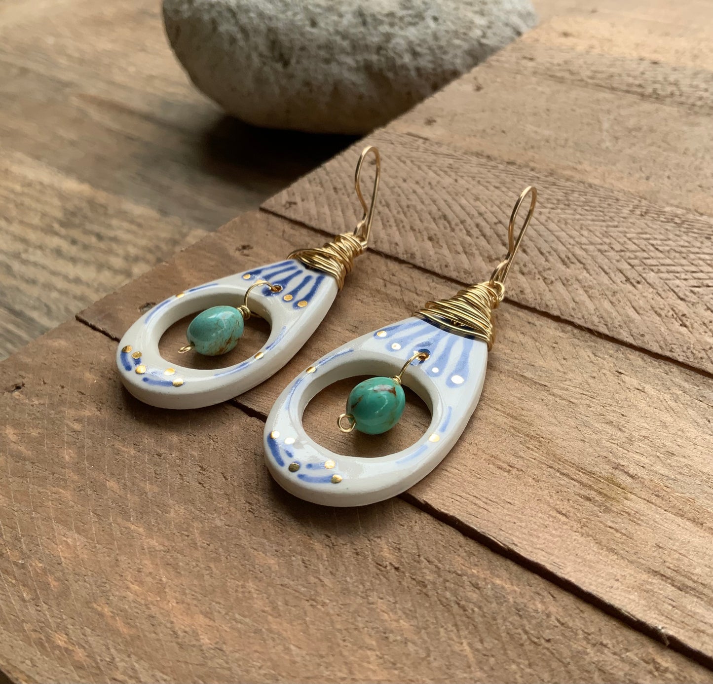 Ceramic Tribal drop and turquoise nugget earrings