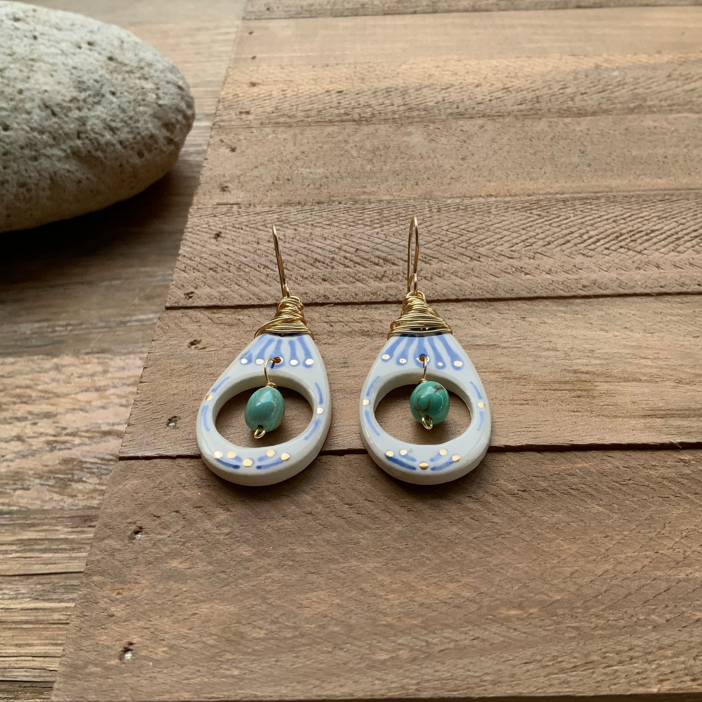 Ceramic Tribal drop and turquoise nugget earrings