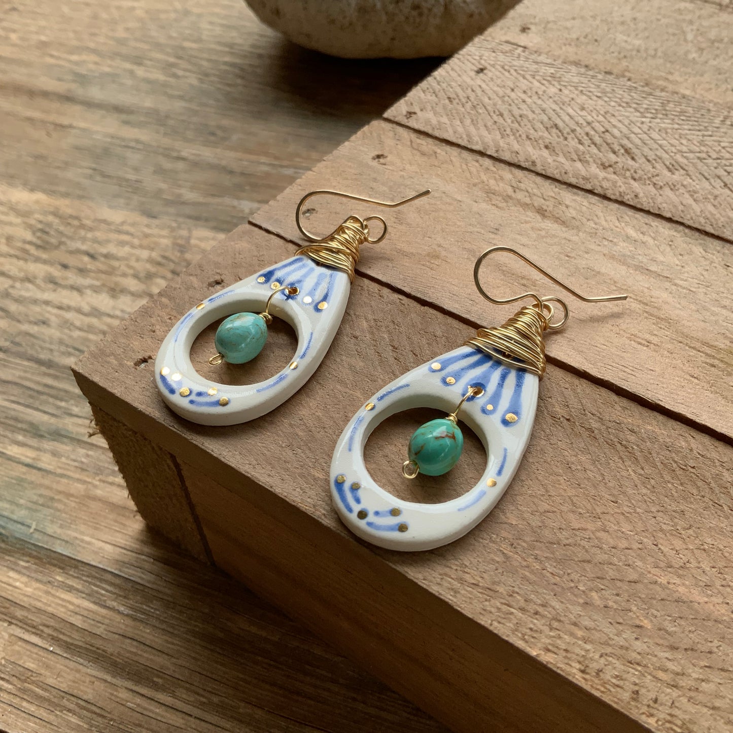 Ceramic Tribal drop and turquoise nugget earrings