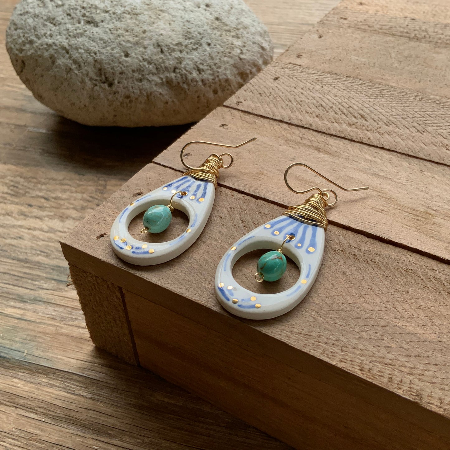 Ceramic Tribal drop and turquoise nugget earrings