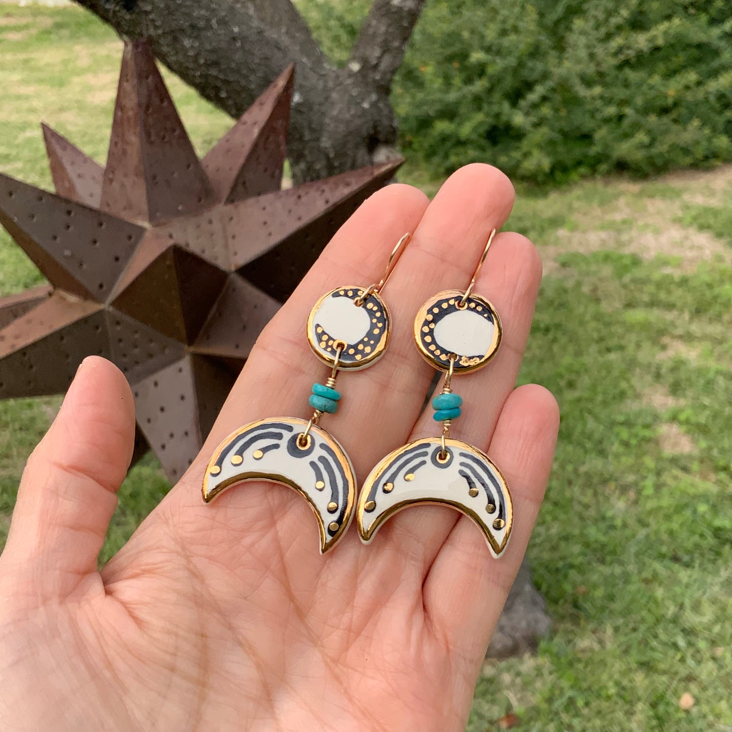 Ceramic Black Luna and genuine turquoise earrings