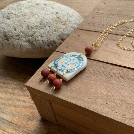 Ceramic celestial mujer and matte red jasper Charm Necklace