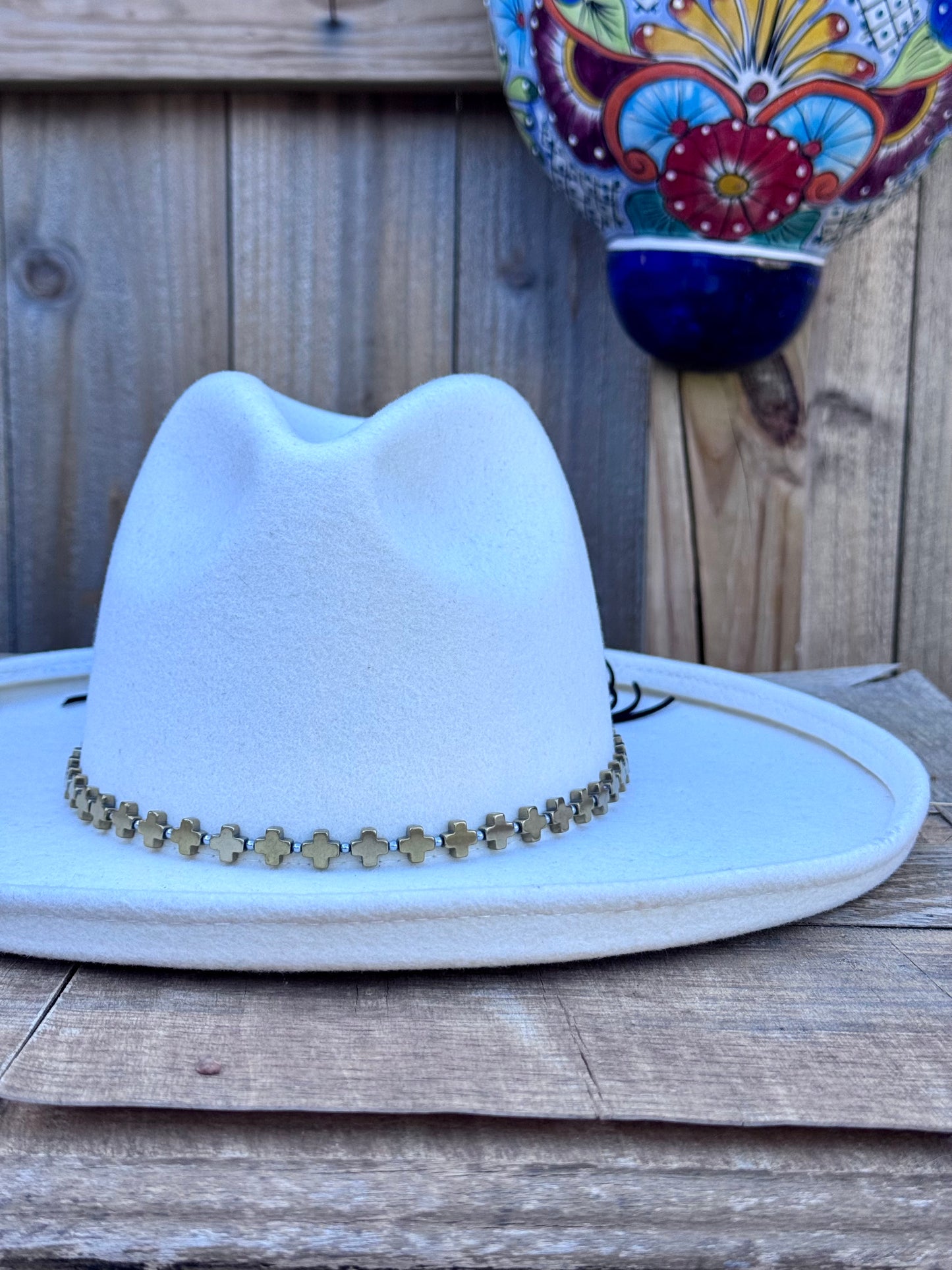 Golden hematite cross hat band, gold stone cross hat band