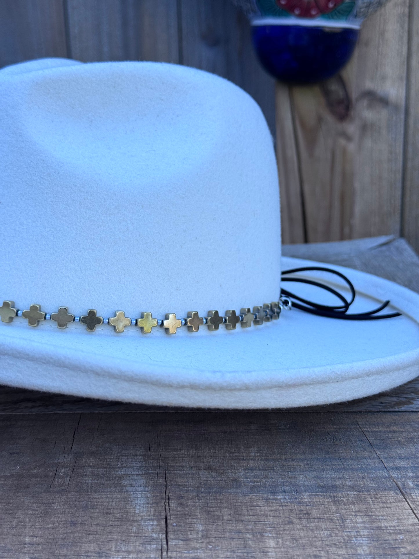 Golden hematite cross hat band, gold stone cross hat band