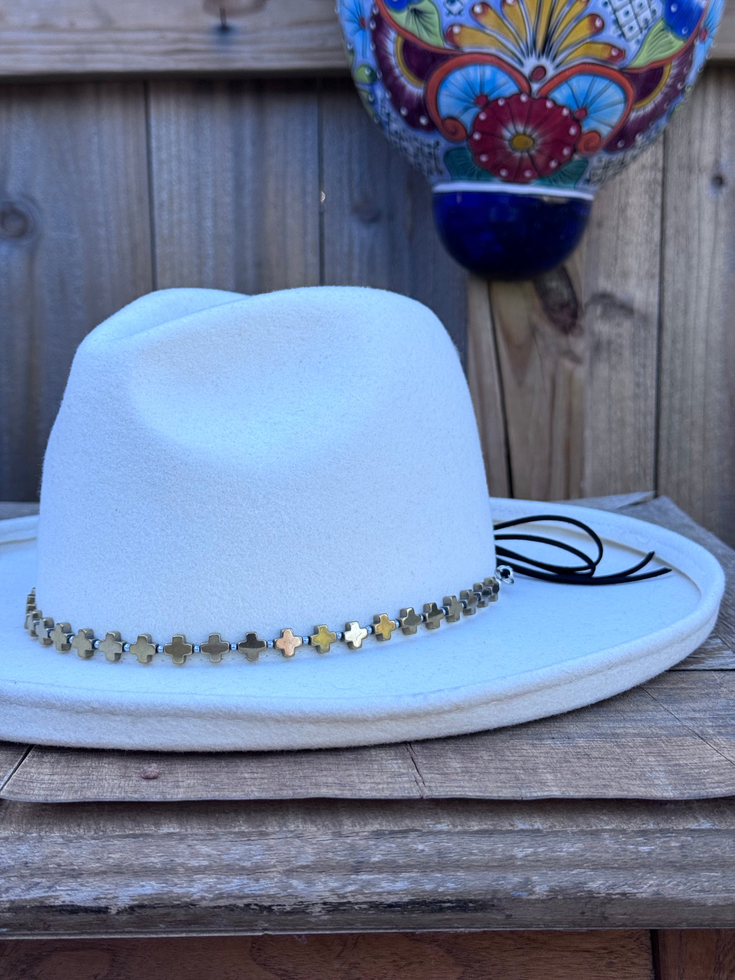 Golden hematite cross hat band, gold stone cross hat band