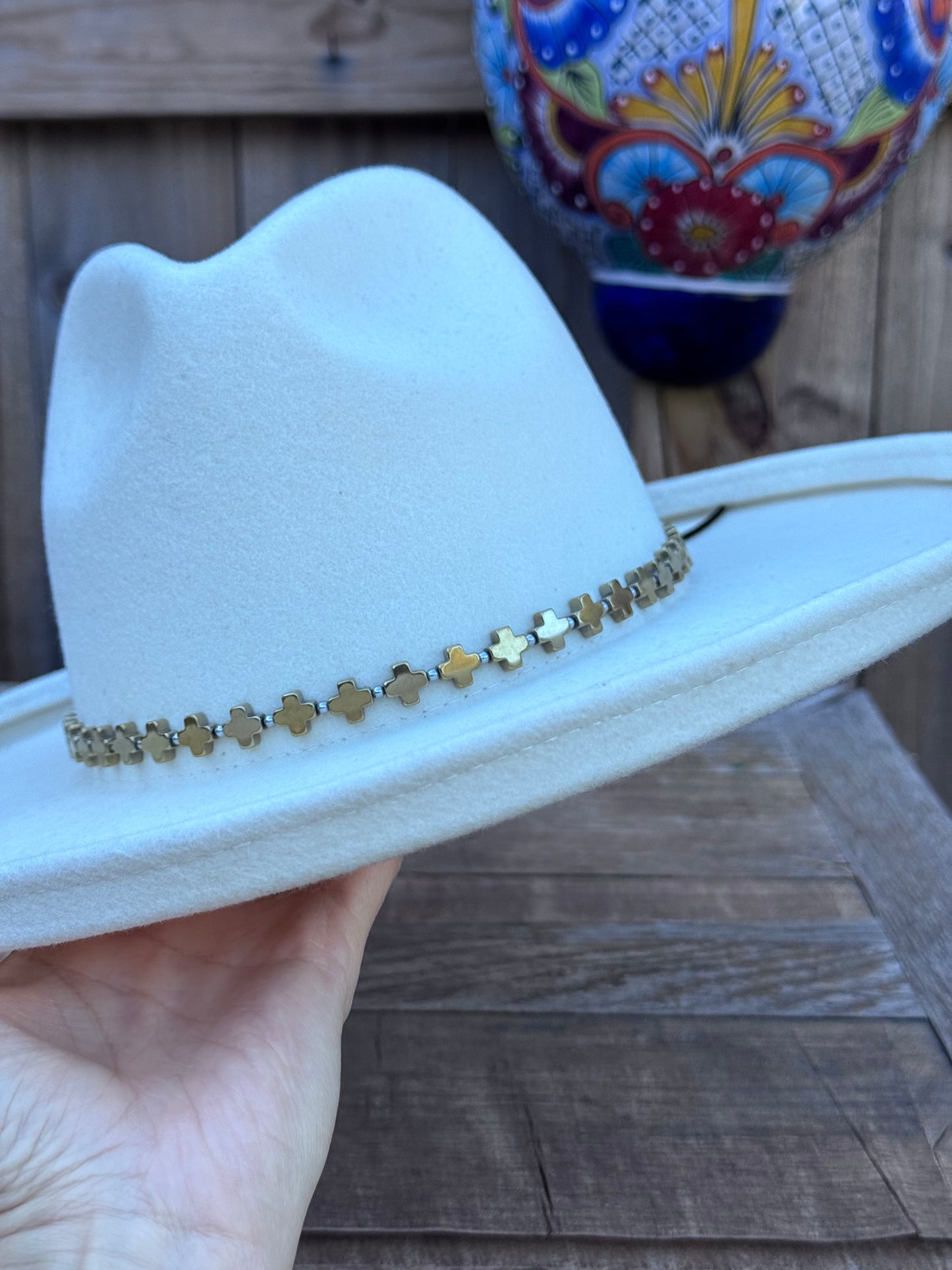 Golden hematite cross hat band, gold stone cross hat band