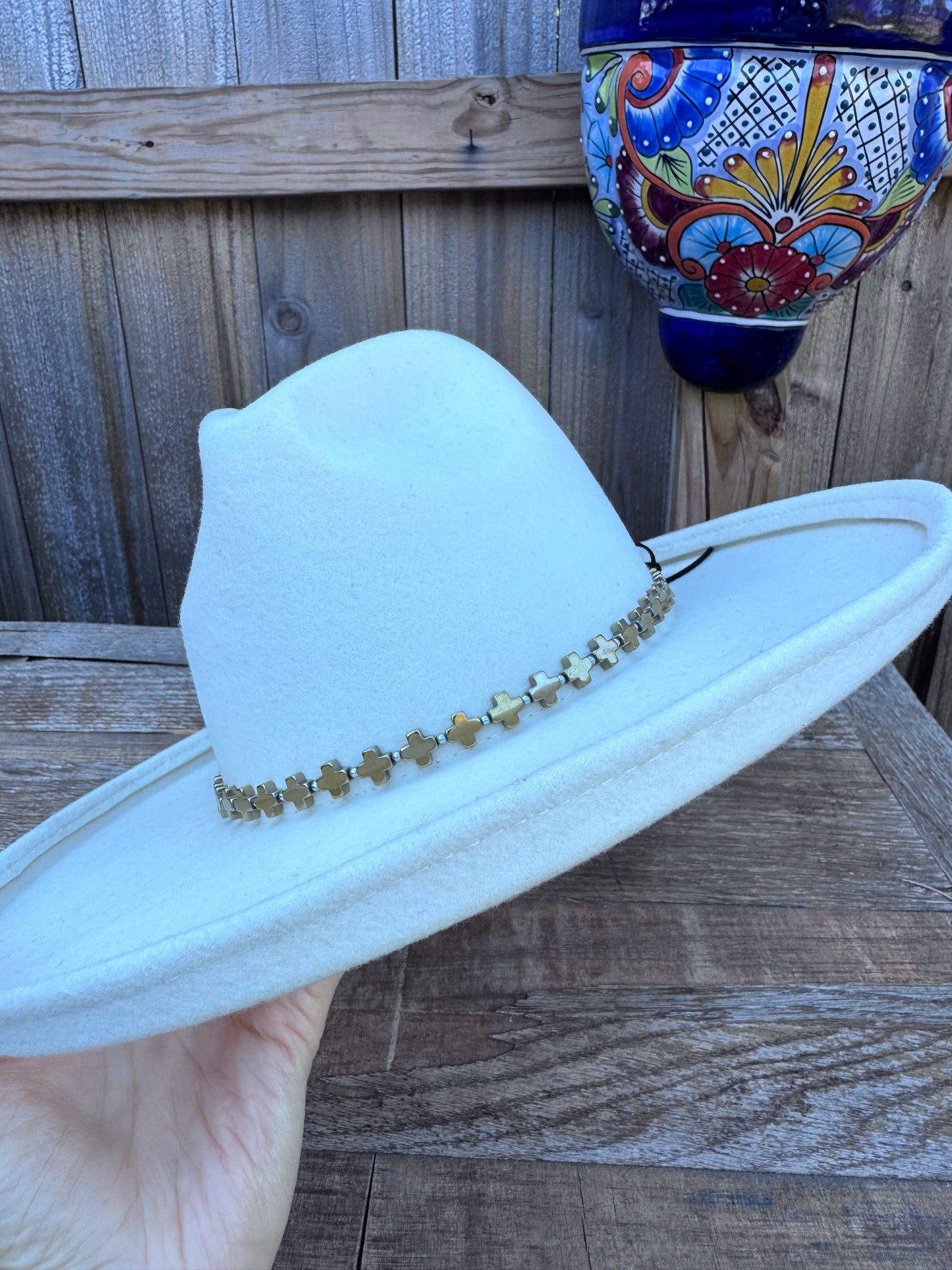 Golden hematite cross hat band, gold stone cross hat band