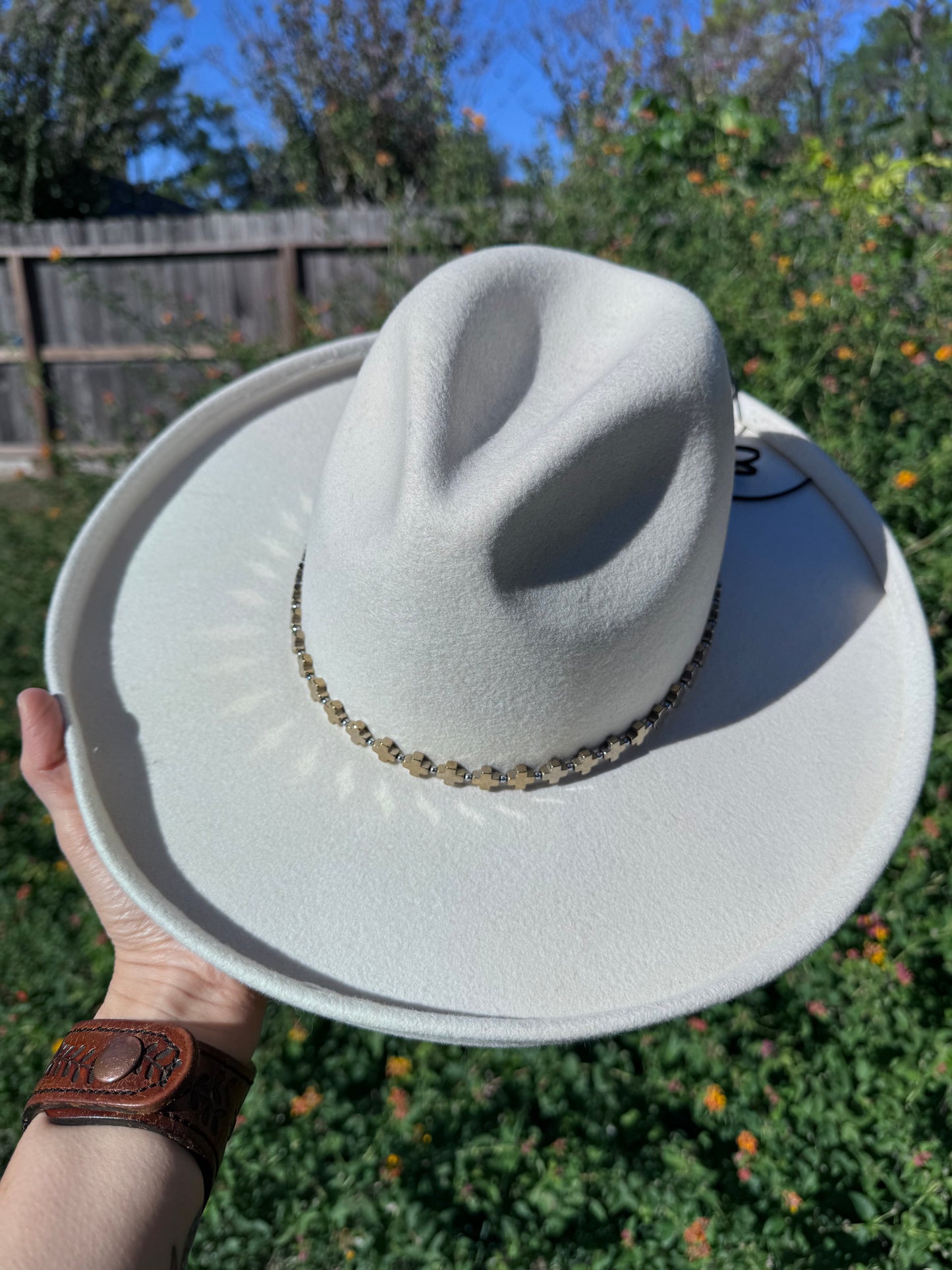 Golden hematite cross hat band, gold stone cross hat band