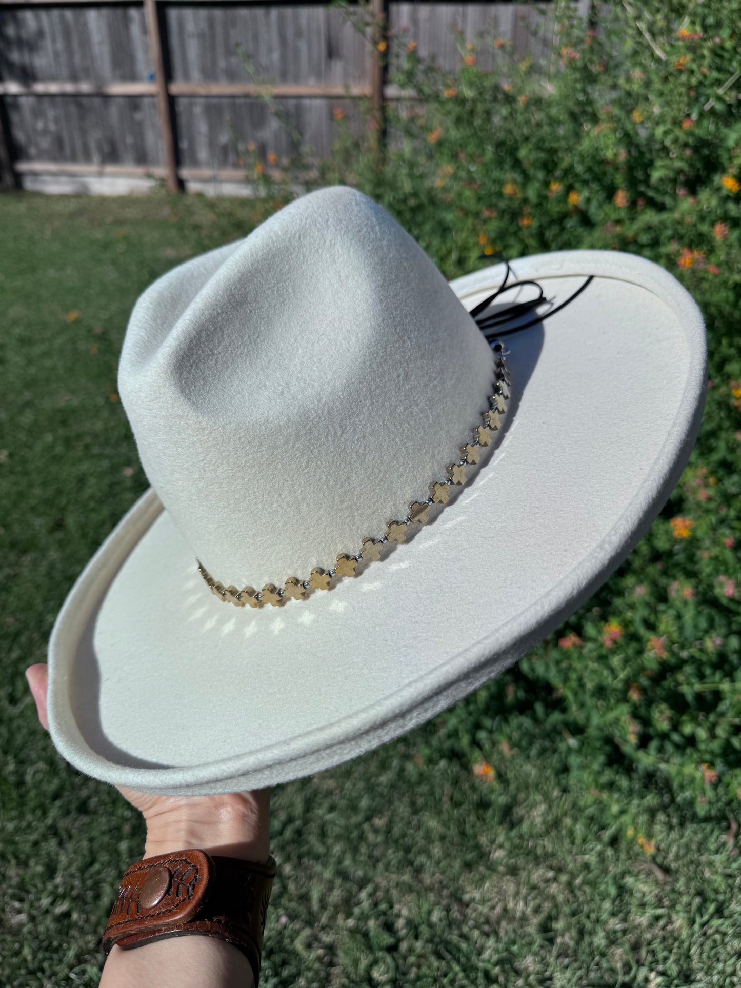 Golden hematite cross hat band, gold stone cross hat band