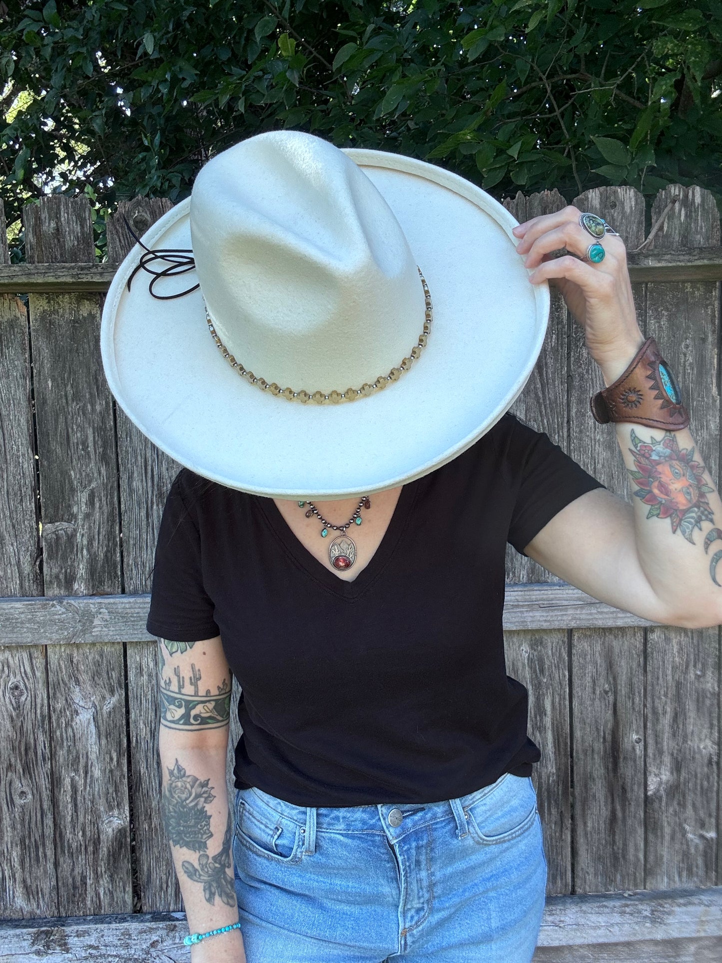 Golden hematite cross hat band, gold stone cross hat band