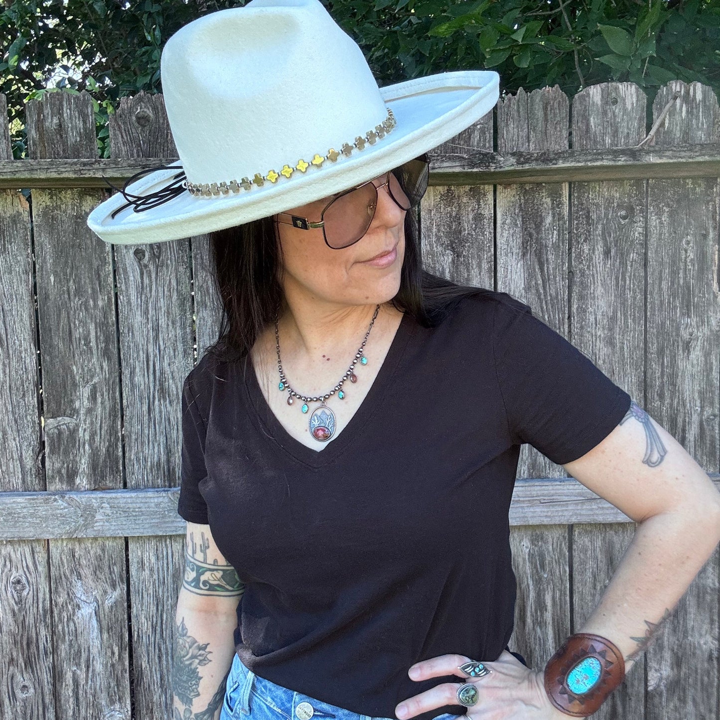 Golden hematite cross hat band, gold stone cross hat band