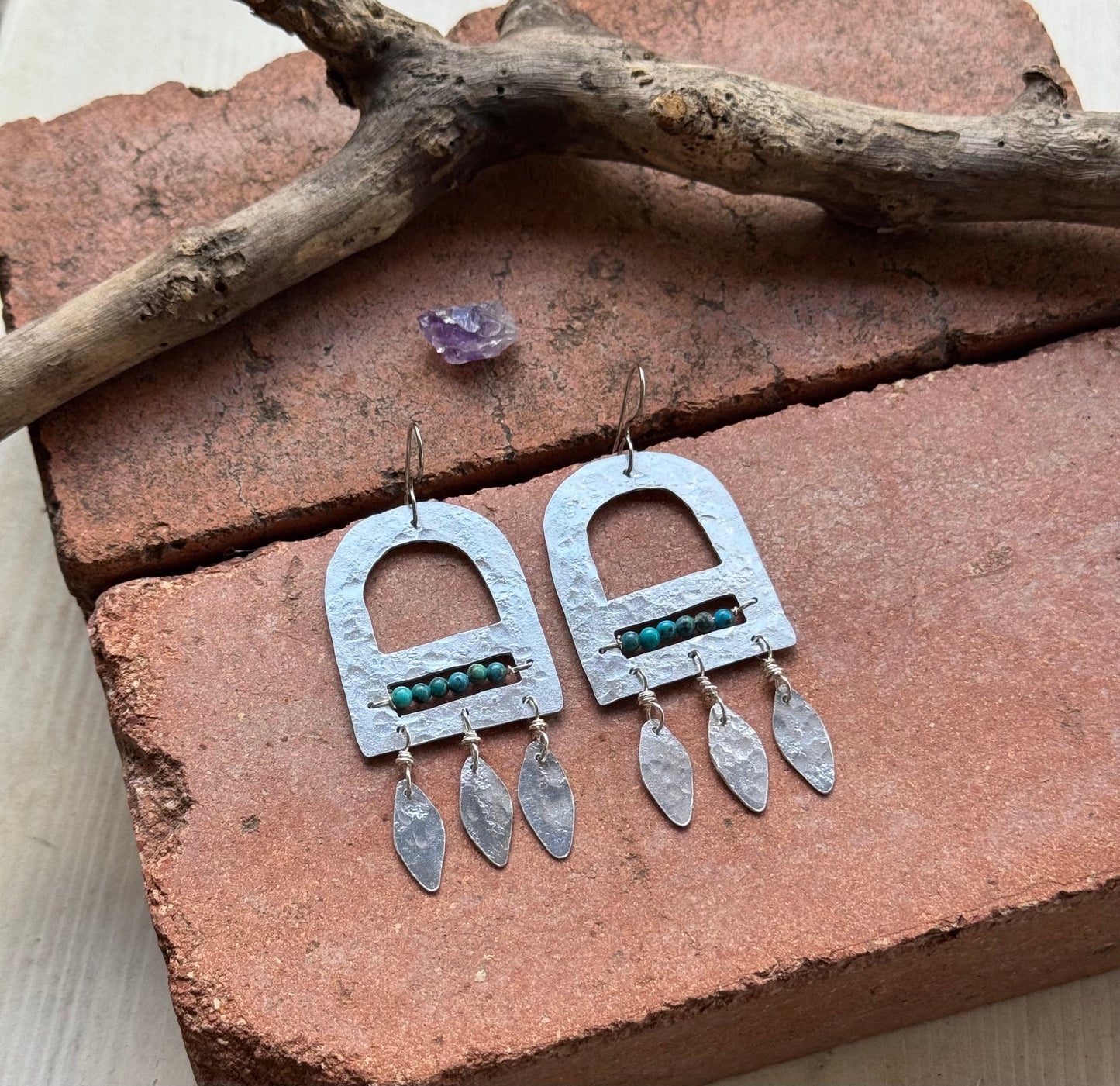 Handmade Genuine Turquoise  & Brass Fringe Earrings