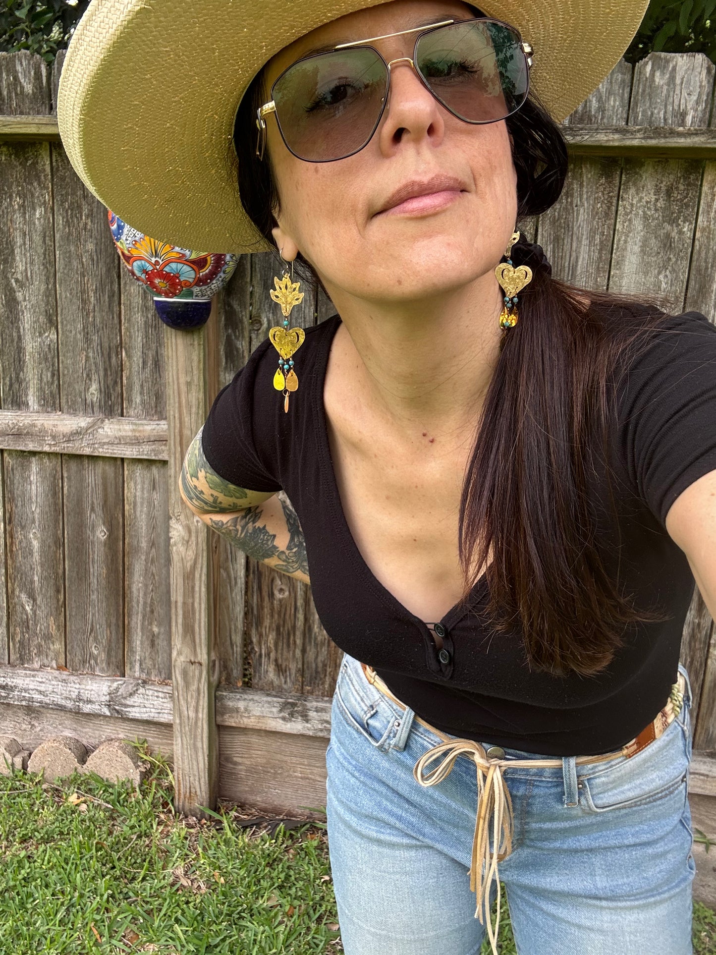 Sacred Heart, Leaf & Crescent Moon Earrings with Turquoise accents