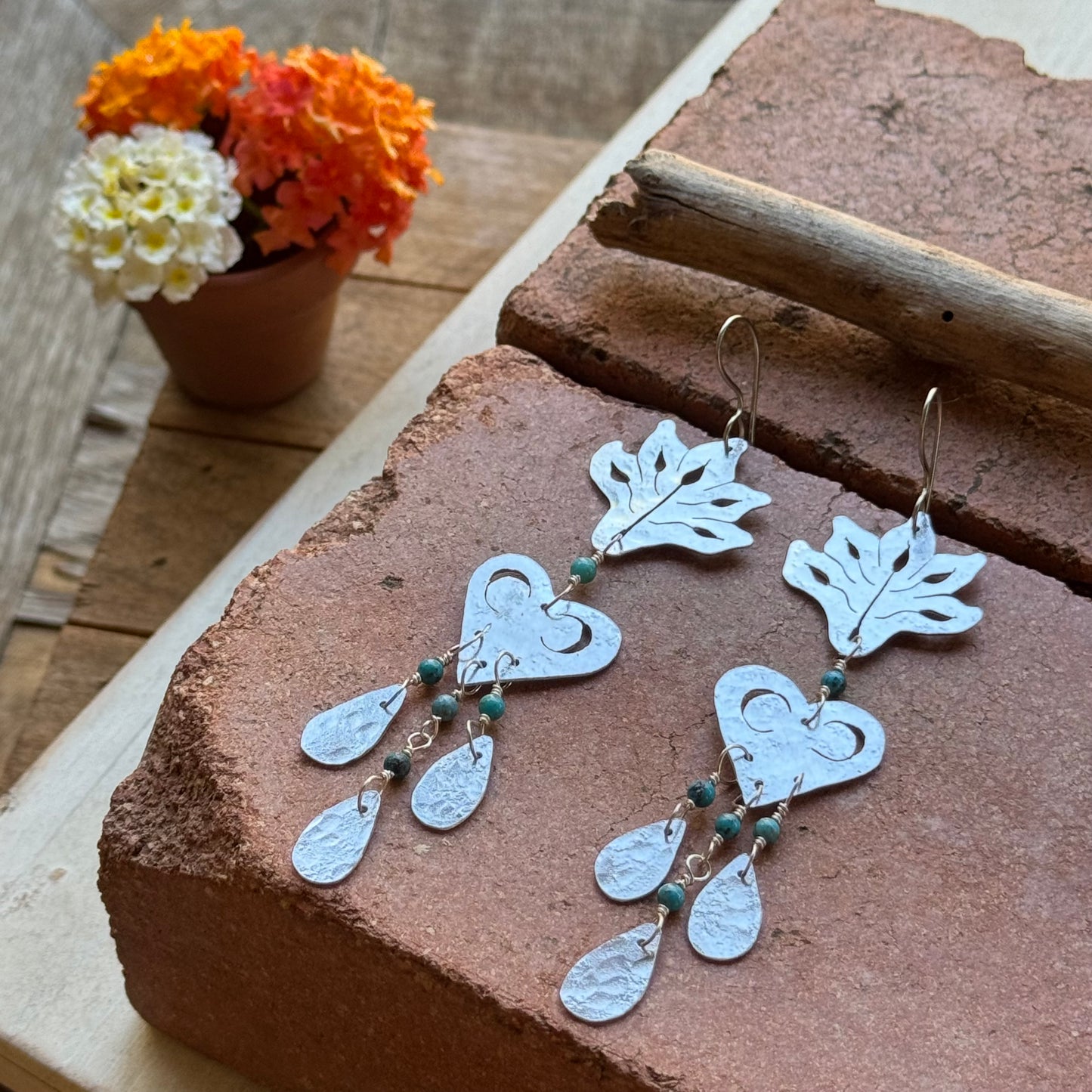 Sacred Heart, Leaf & Crescent Moon Earrings with Turquoise accents