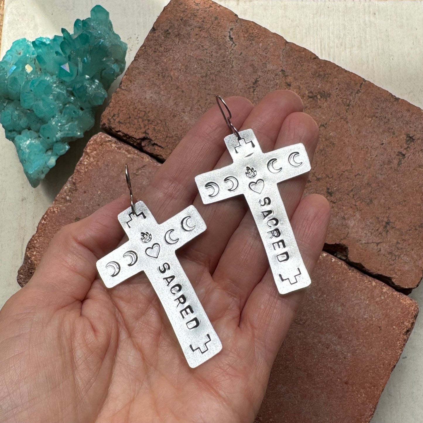 Hand Stamped Brass Cross Earrings, Sacred Celestial Jewelry