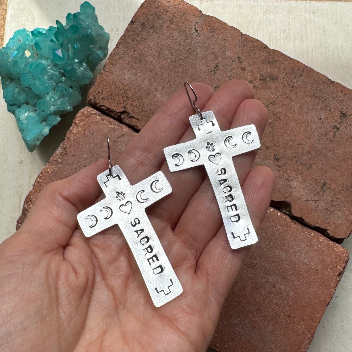 Hand Stamped Brass Cross Earrings, Sacred Celestial Jewelry