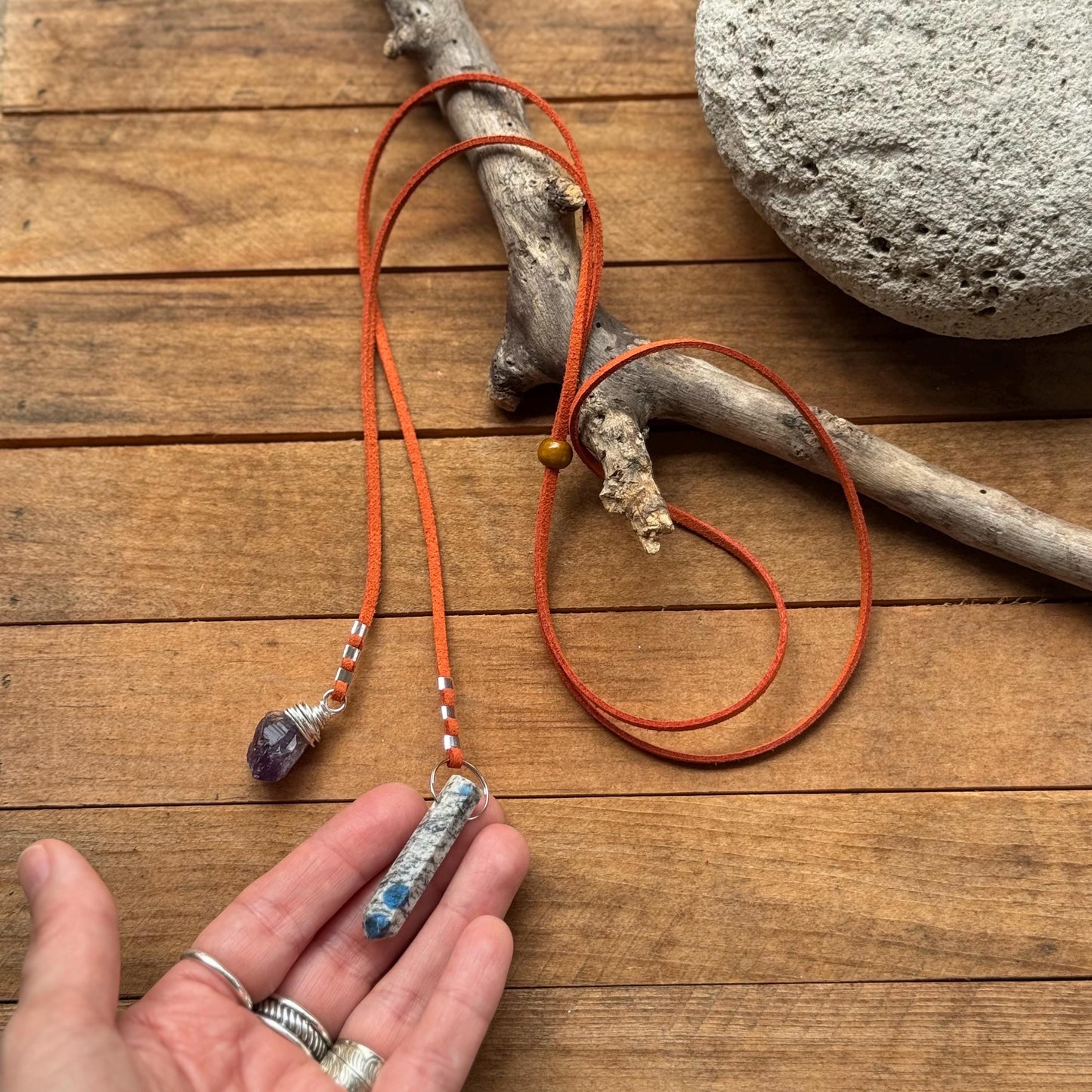 K2 Azurite & Raw Amethyst Bolo Tie – Terracotta Vegan Suede Cord