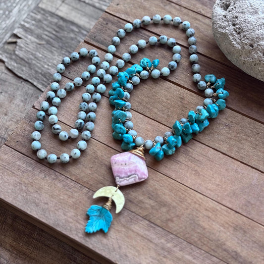 Kiwi Jasper, Rhodochrosite and carved turquoise leaf necklace, extra long length