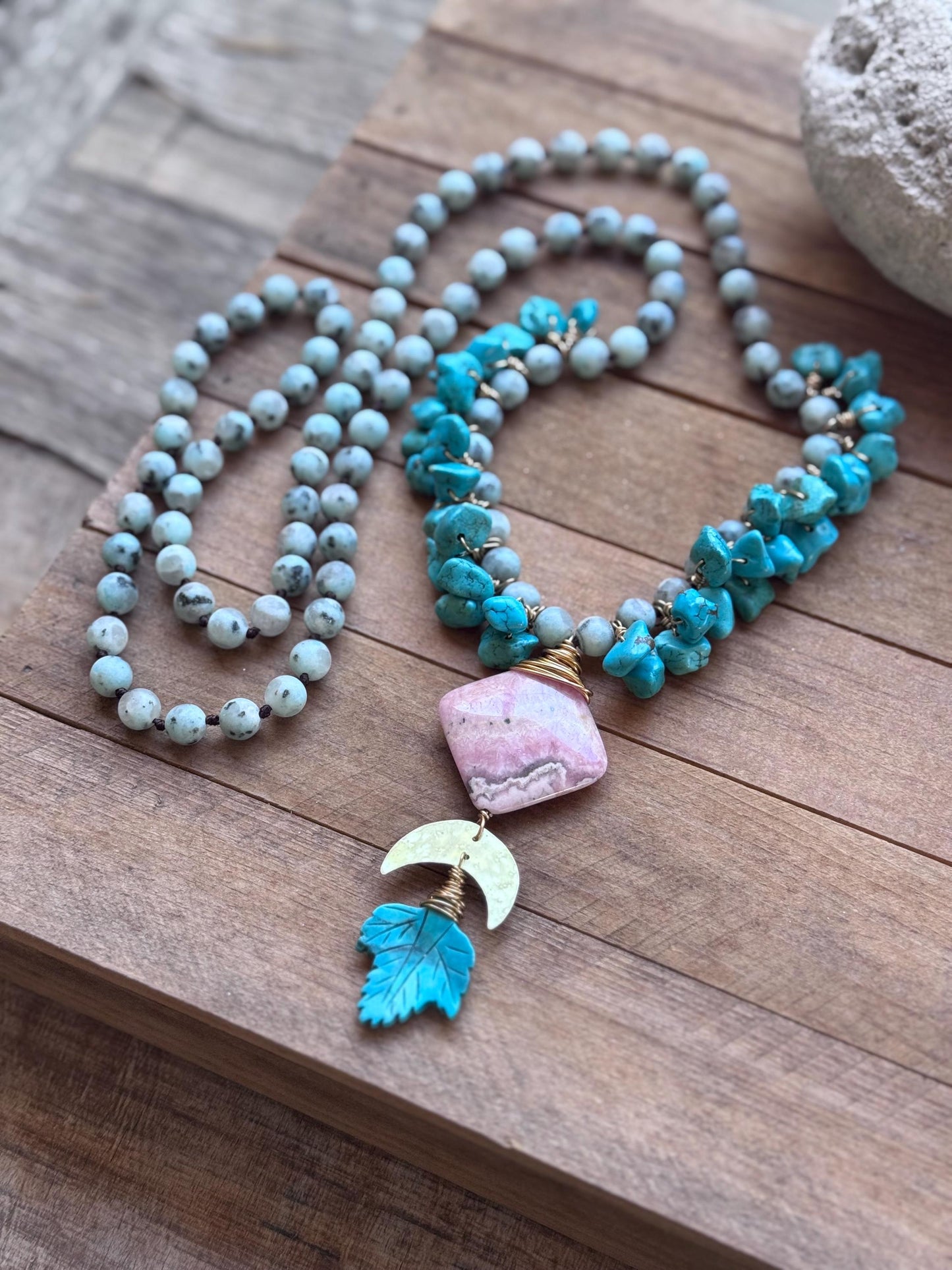 Kiwi Jasper, Rhodochrosite and carved turquoise leaf necklace, extra long length