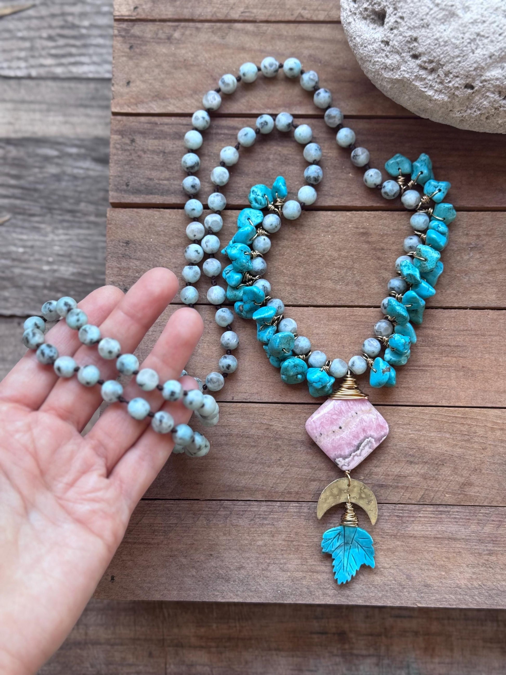 Kiwi Jasper, Rhodochrosite and carved turquoise leaf necklace, extra long length