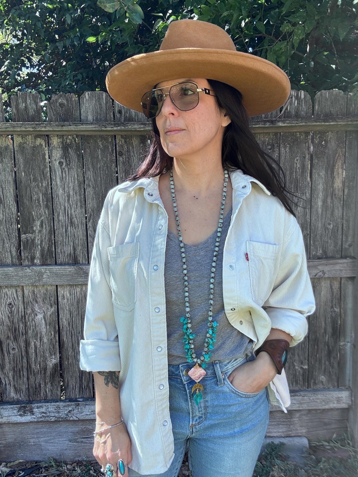 Kiwi Jasper, Rhodochrosite and carved turquoise leaf necklace, extra long length