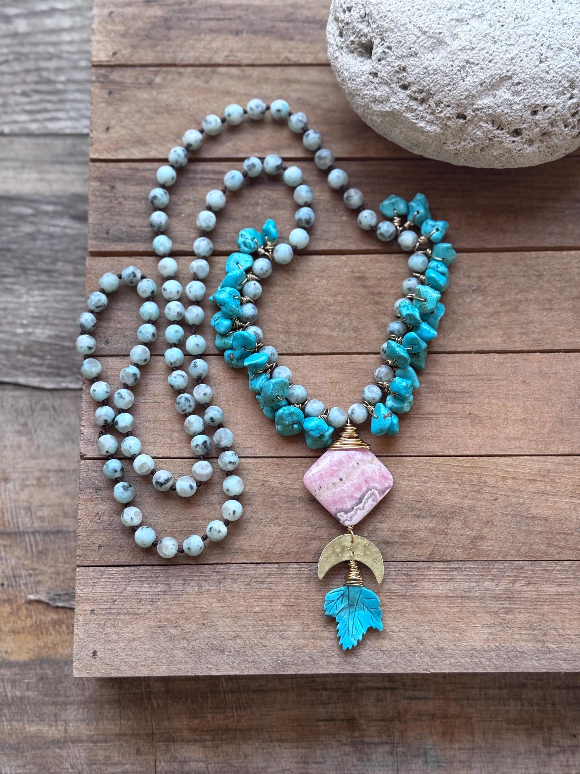 Kiwi Jasper, Rhodochrosite and carved turquoise leaf necklace, extra long length