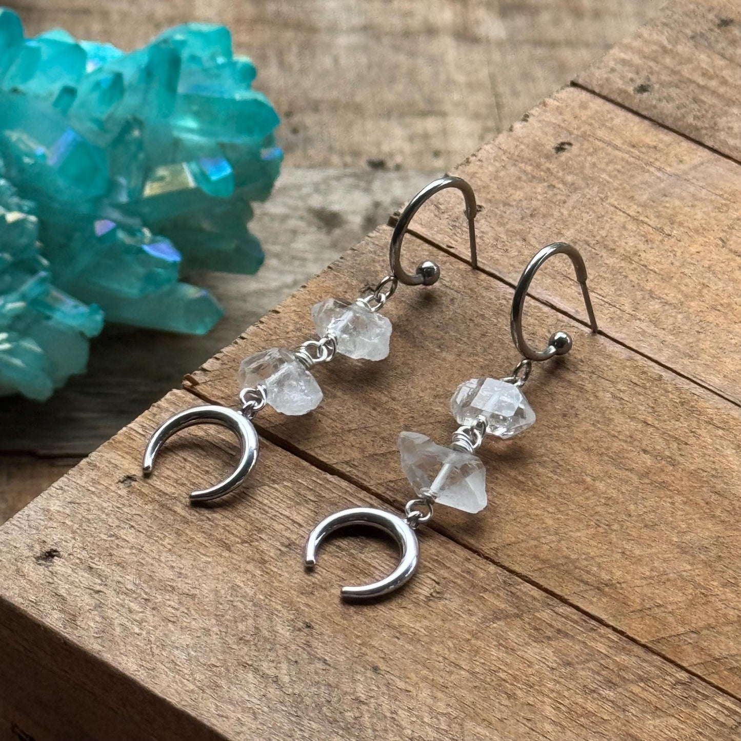 Luna Quartz Earrings, Raw Wire Wrapped Quartz Crystal Dangles, Stainless Steel Crescent Moon Earrings __etsy:8160170756