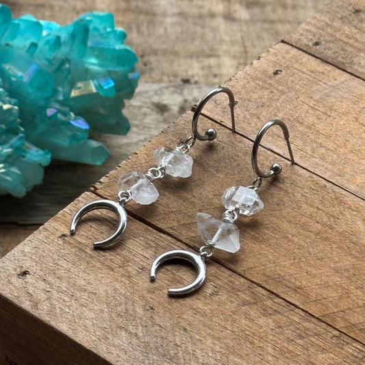 Luna Quartz Earrings, Raw Wire Wrapped Quartz Crystal Dangles, Stainless Steel Crescent Moon Earrings __etsy:8160170756