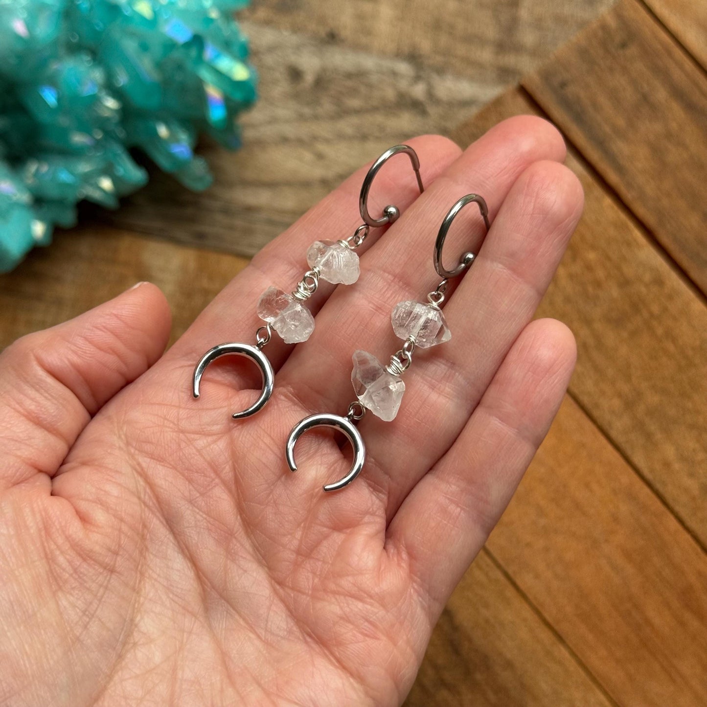 Luna Quartz Earrings, Raw Wire Wrapped Quartz Crystal Dangles, Stainless Steel Crescent Moon Earrings __etsy:8208092913
