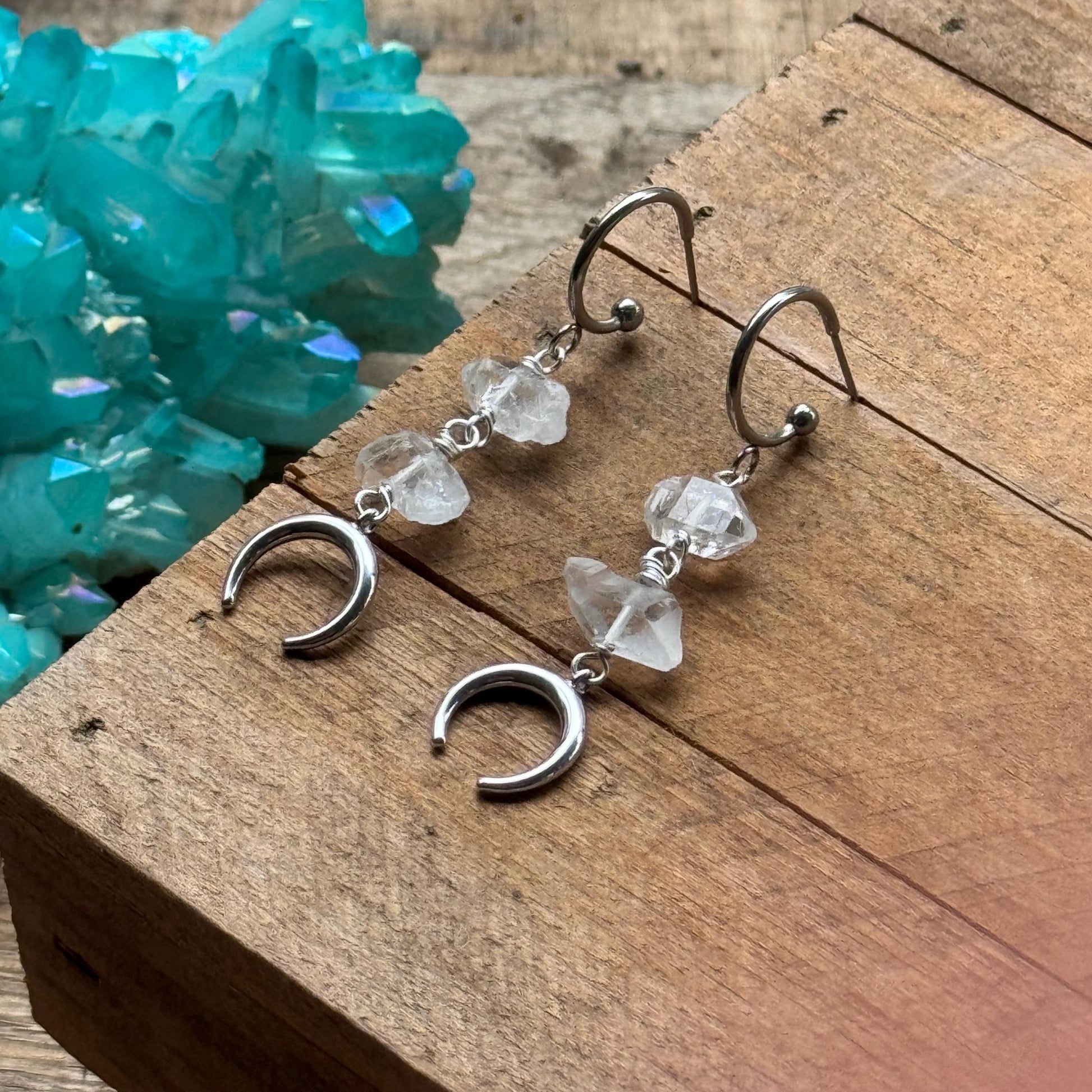 Luna Quartz Earrings, Raw Wire Wrapped Quartz Crystal Dangles, Stainless Steel Crescent Moon Earrings __etsy:8208093119
