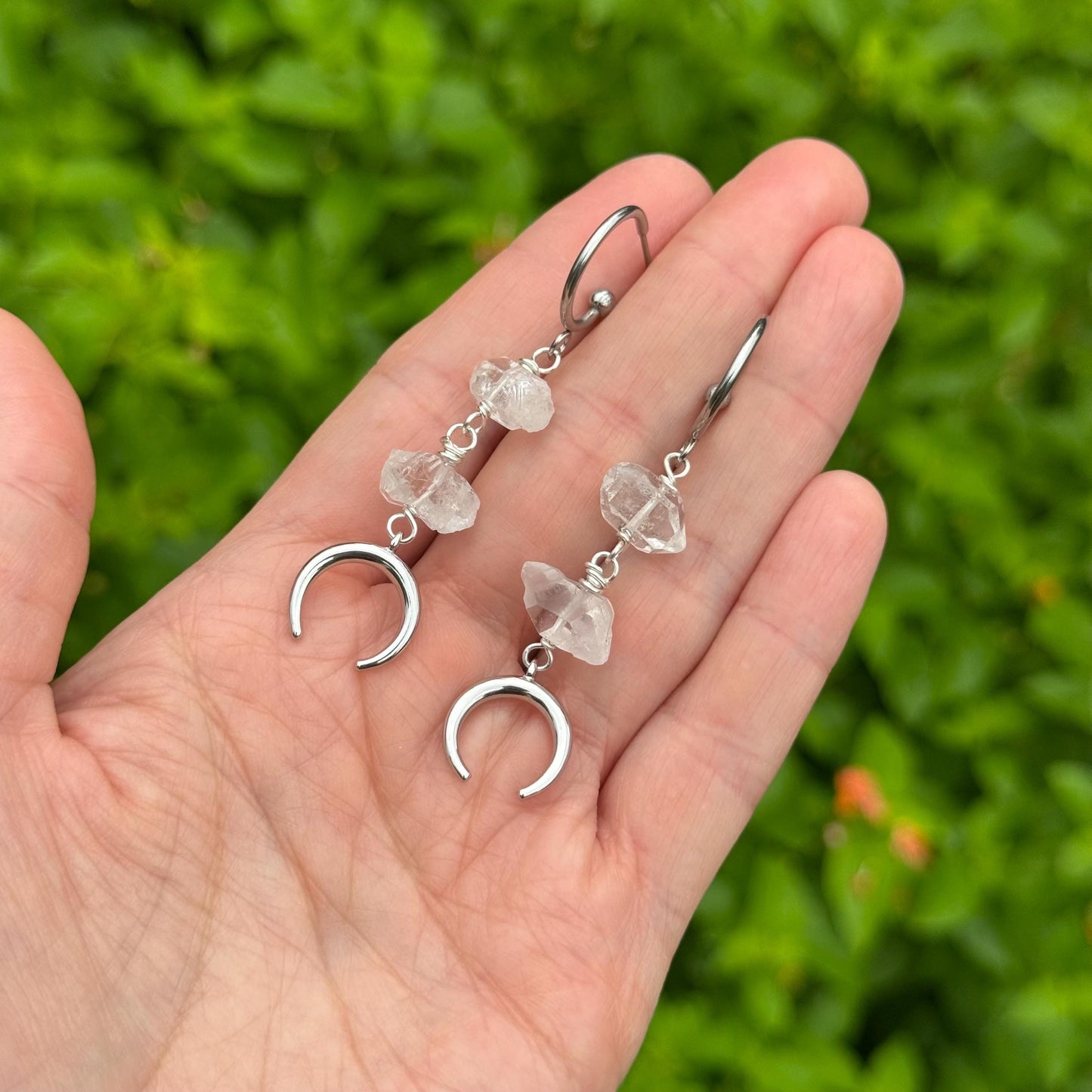 Luna Quartz Earrings, Raw Wire Wrapped Quartz Crystal Dangles, Stainless Steel Crescent Moon Earrings __etsy:8160169340