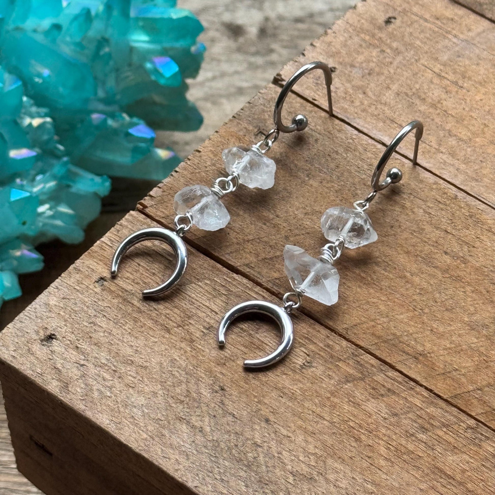 Luna Quartz Earrings, Raw Wire Wrapped Quartz Crystal Dangles, Stainless Steel Crescent Moon Earrings __etsy:8160169408