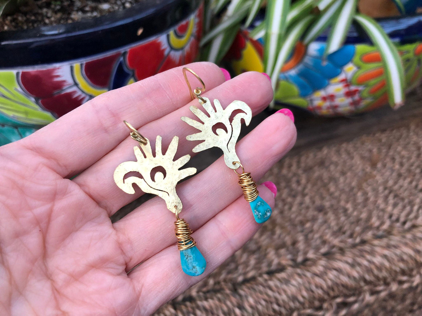 Mayan Glyph Turquoise Dangle Earrings: Handmade Bird Head Jewelry