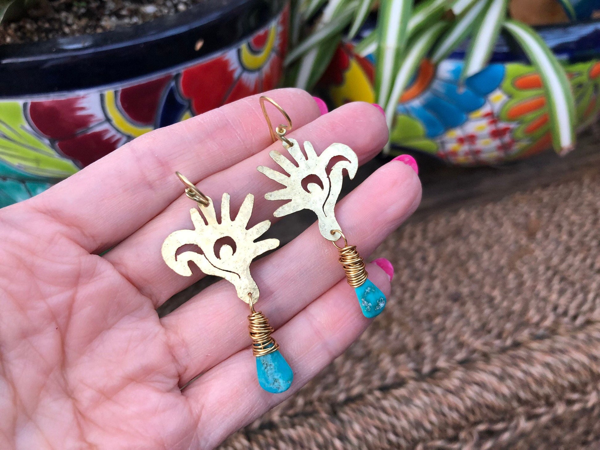 Mayan Glyph Turquoise Dangle Earrings: Handmade Bird Head Jewelry