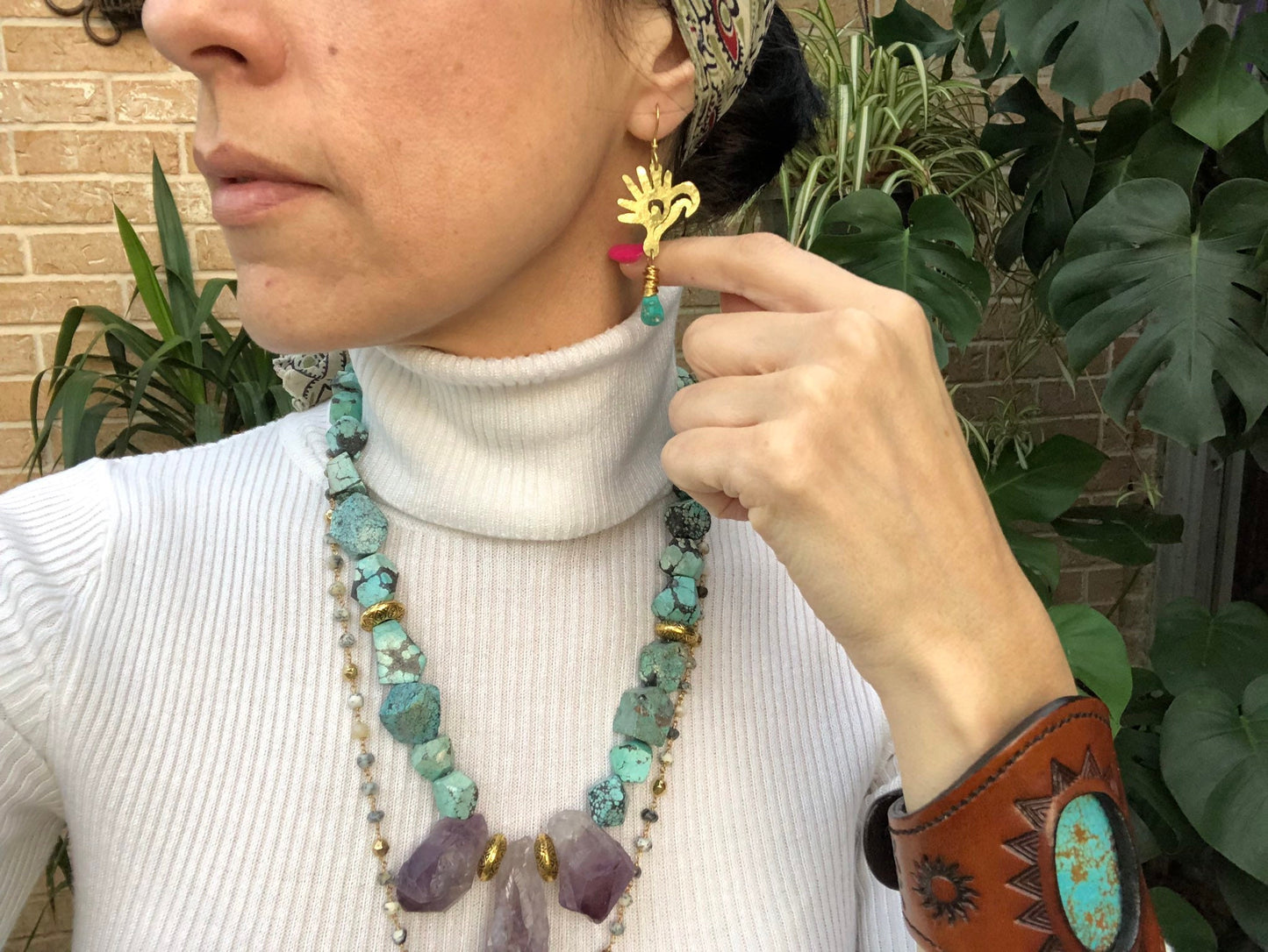 Mayan Glyph Turquoise Dangle Earrings: Handmade Bird Head Jewelry