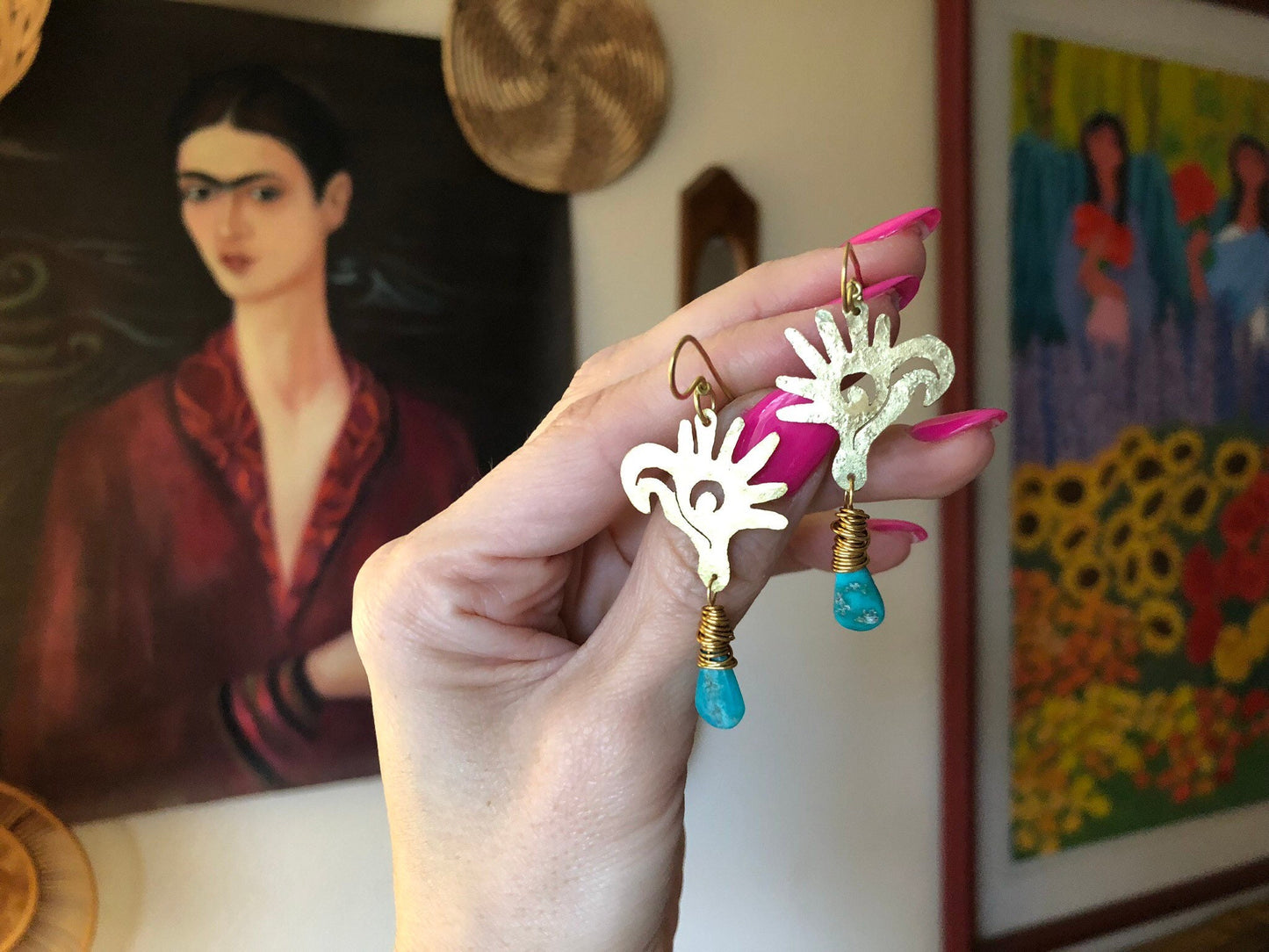 Mayan Glyph Turquoise Dangle Earrings: Handmade Bird Head Jewelry