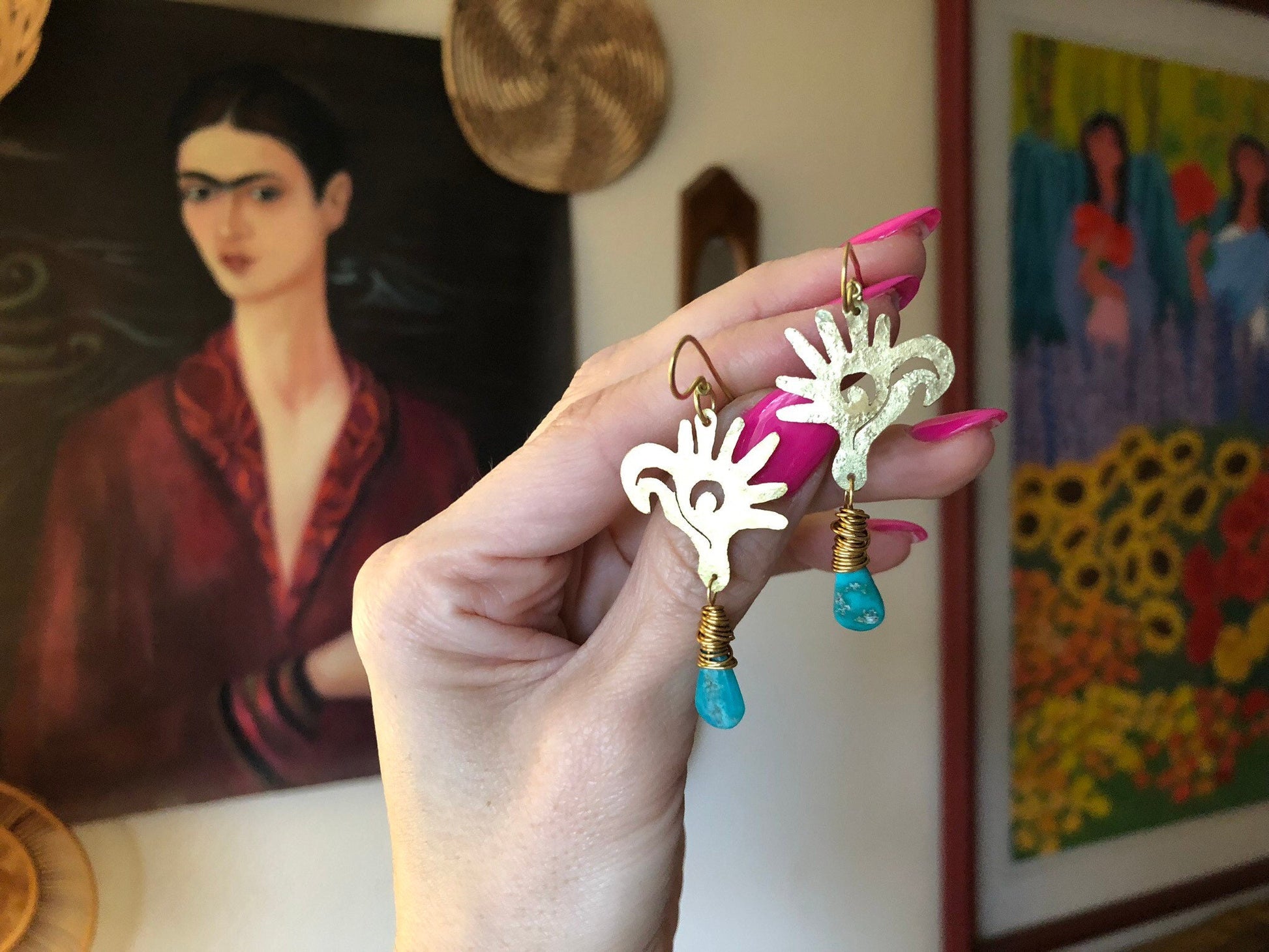 Mayan Glyph Turquoise Dangle Earrings: Handmade Bird Head Jewelry