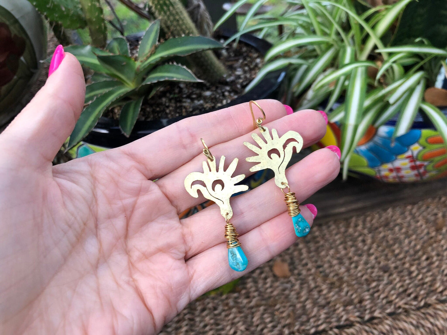 Mayan Glyph Turquoise Dangle Earrings: Handmade Bird Head Jewelry