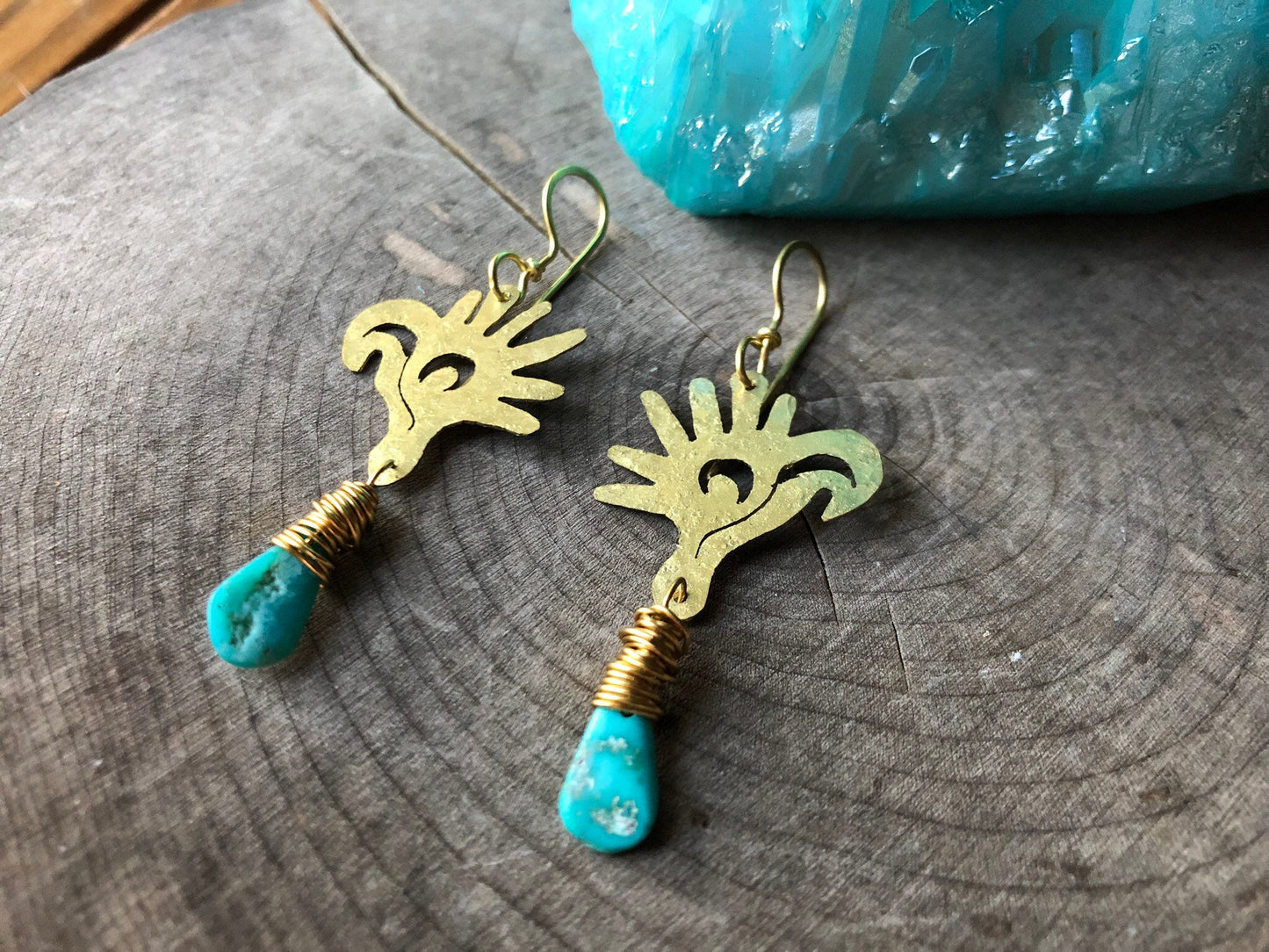 Mayan Glyph Turquoise Dangle Earrings: Handmade Bird Head Jewelry