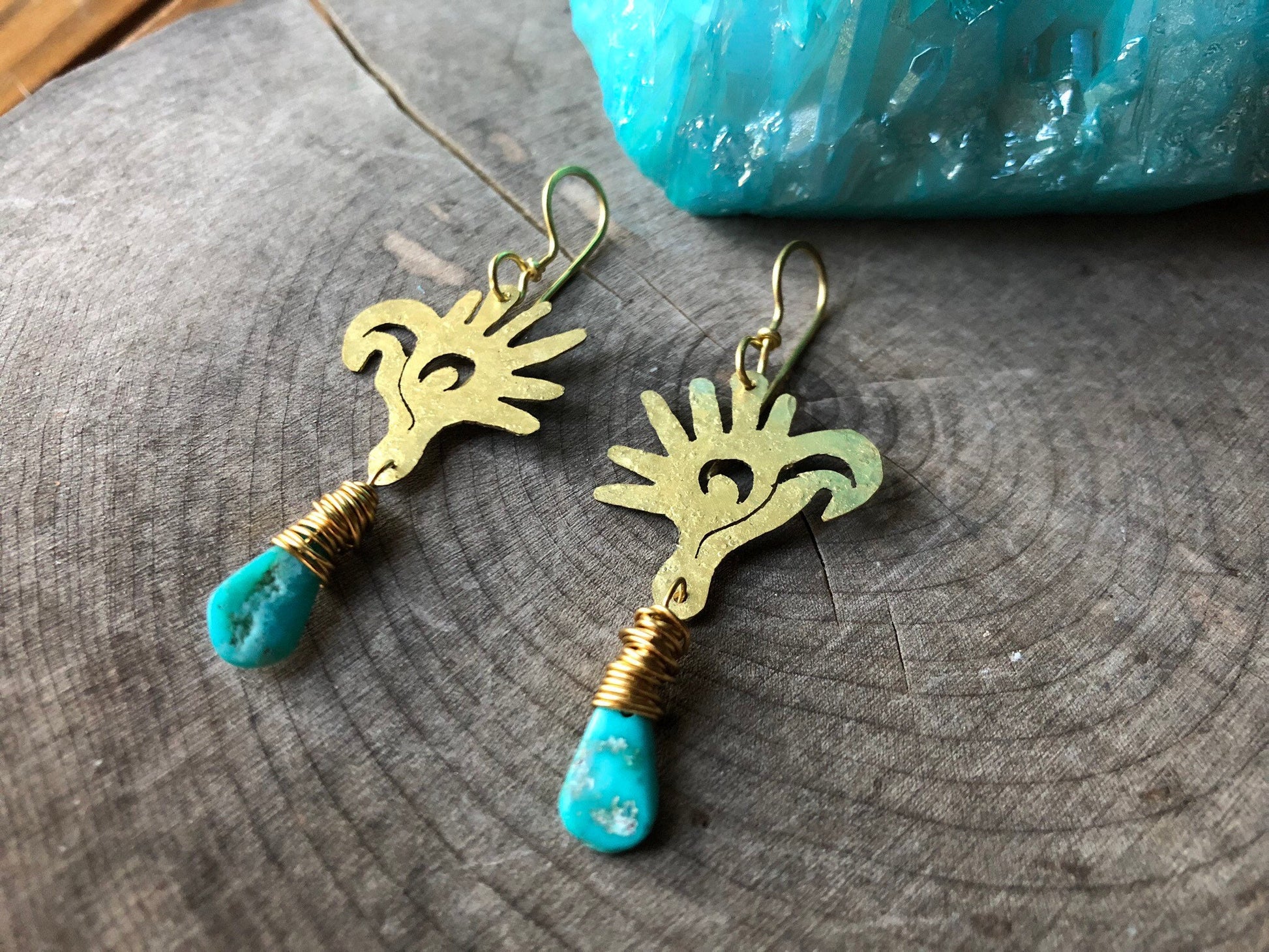 Mayan Glyph Turquoise Dangle Earrings: Handmade Bird Head Jewelry