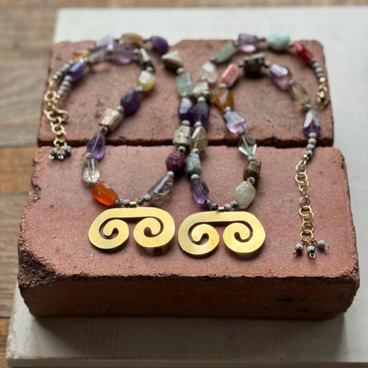 Pre-Columbian style brass double spiral Necklace: Multi Gemstone necklace