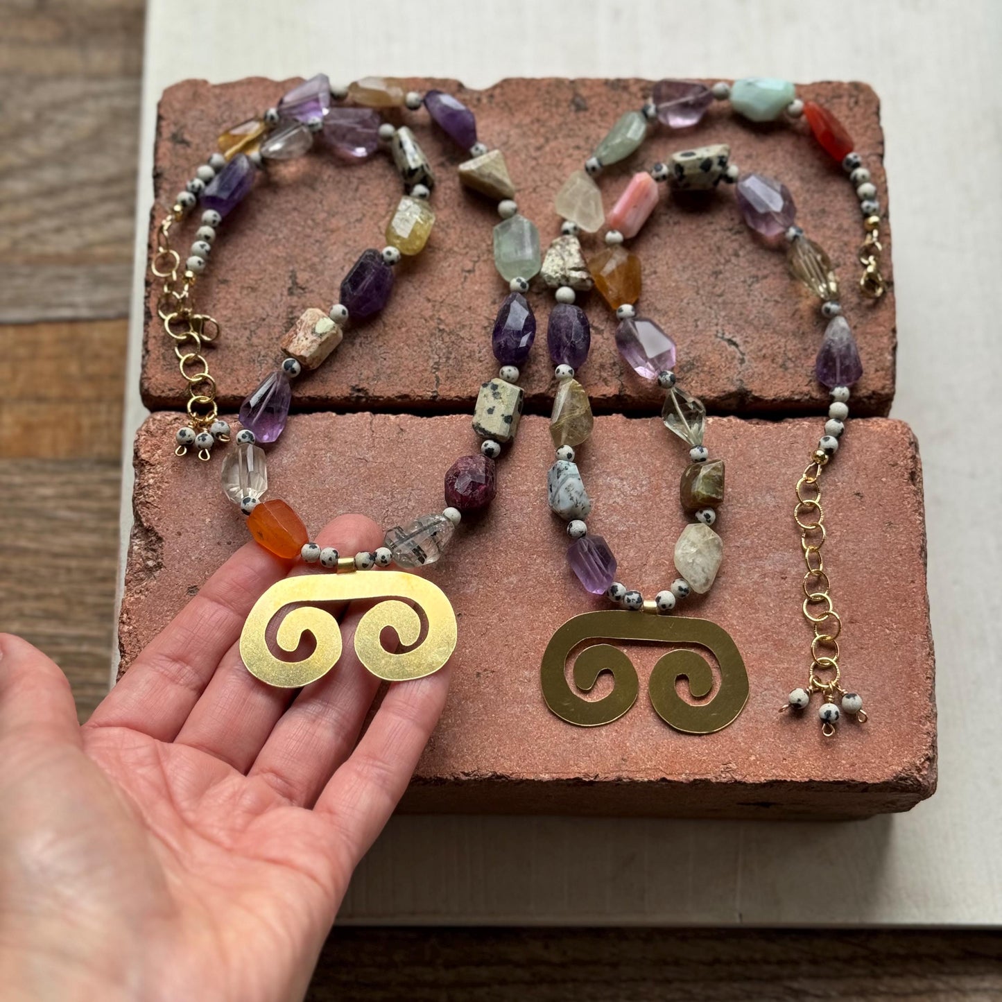 Pre-Columbian style brass double spiral Necklace: Multi Gemstone necklace