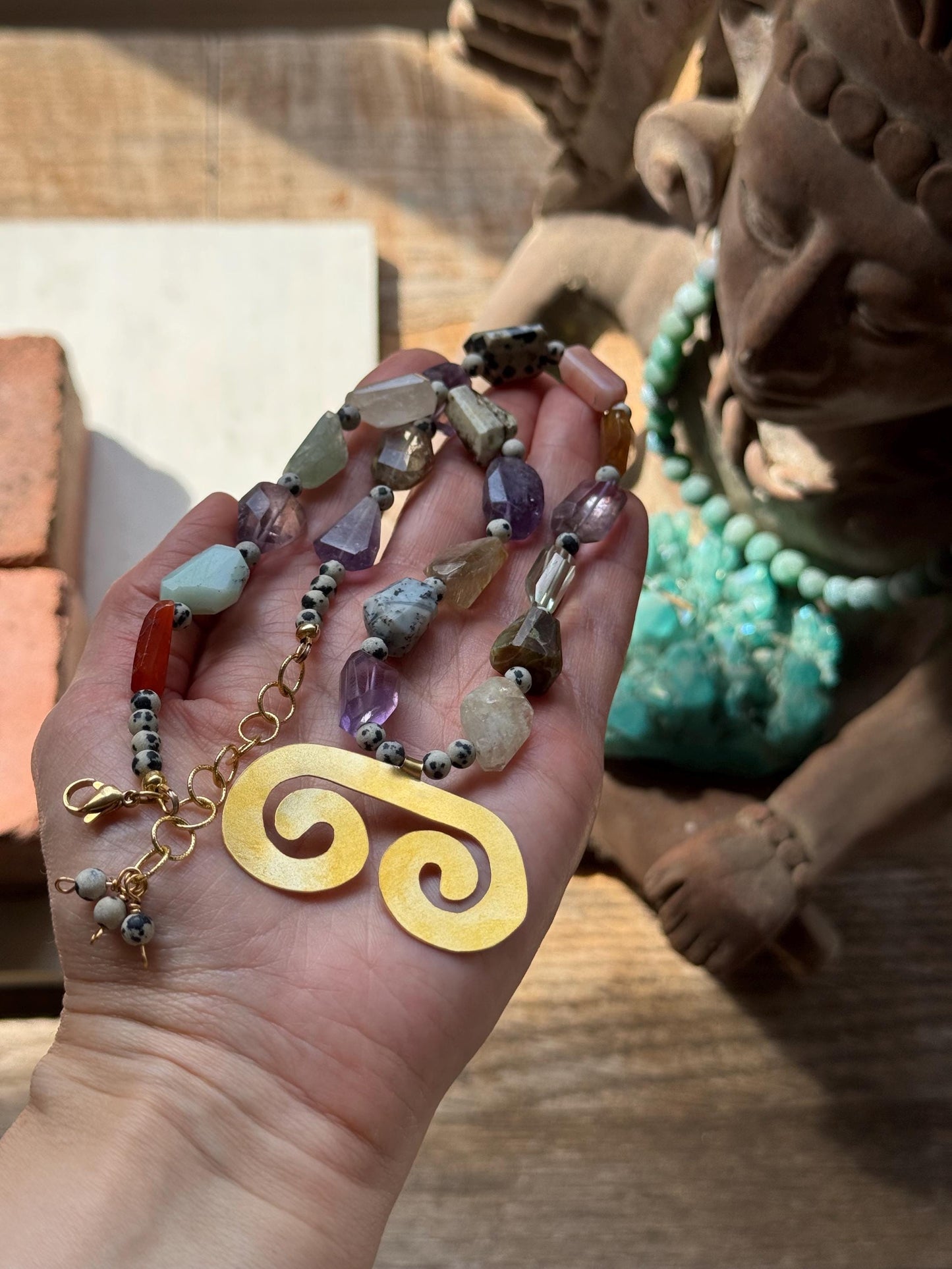 Pre-Columbian style brass double spiral Necklace: Multi Gemstone necklace