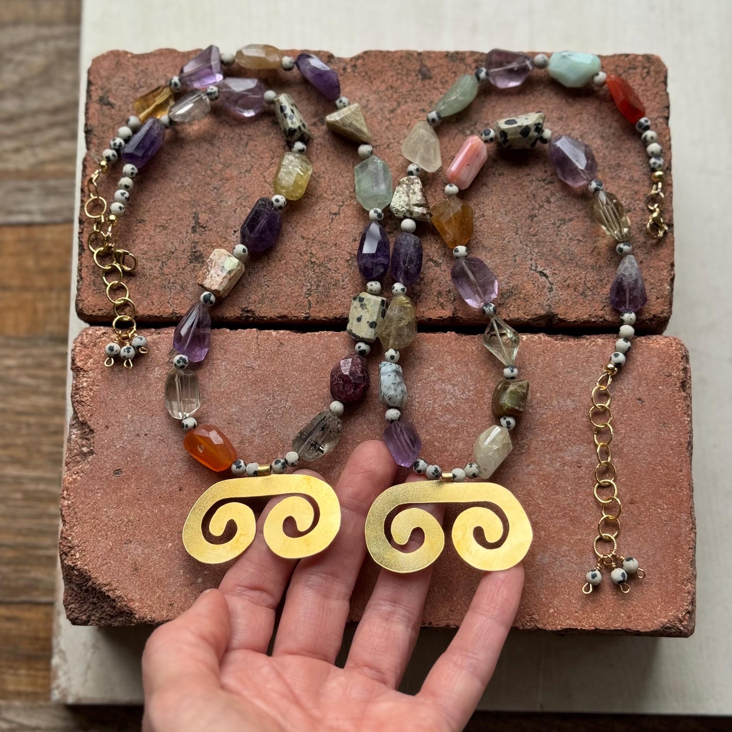 Pre-Columbian style brass double spiral Necklace: Multi Gemstone necklace