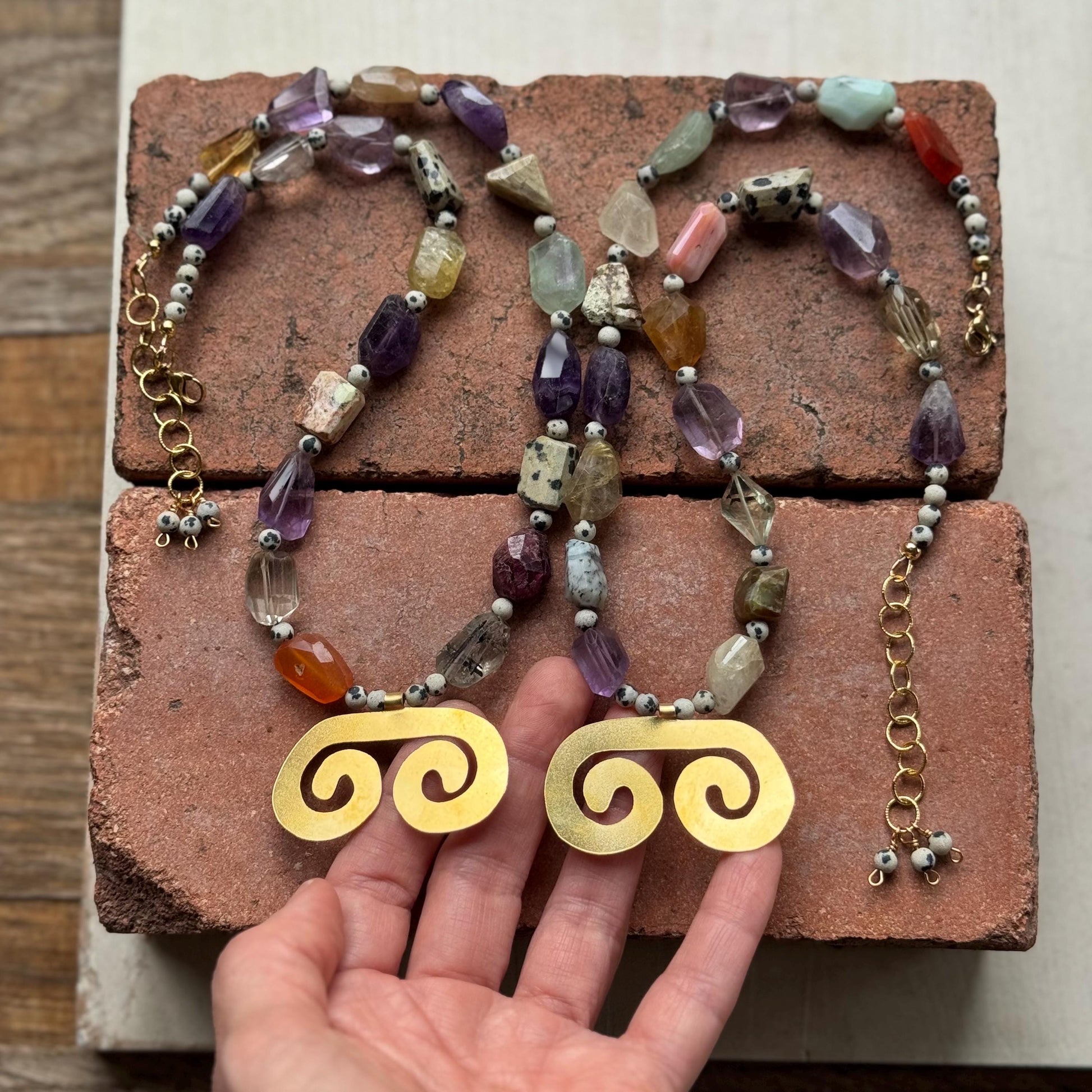 Pre-Columbian style brass double spiral Necklace: Multi Gemstone necklace