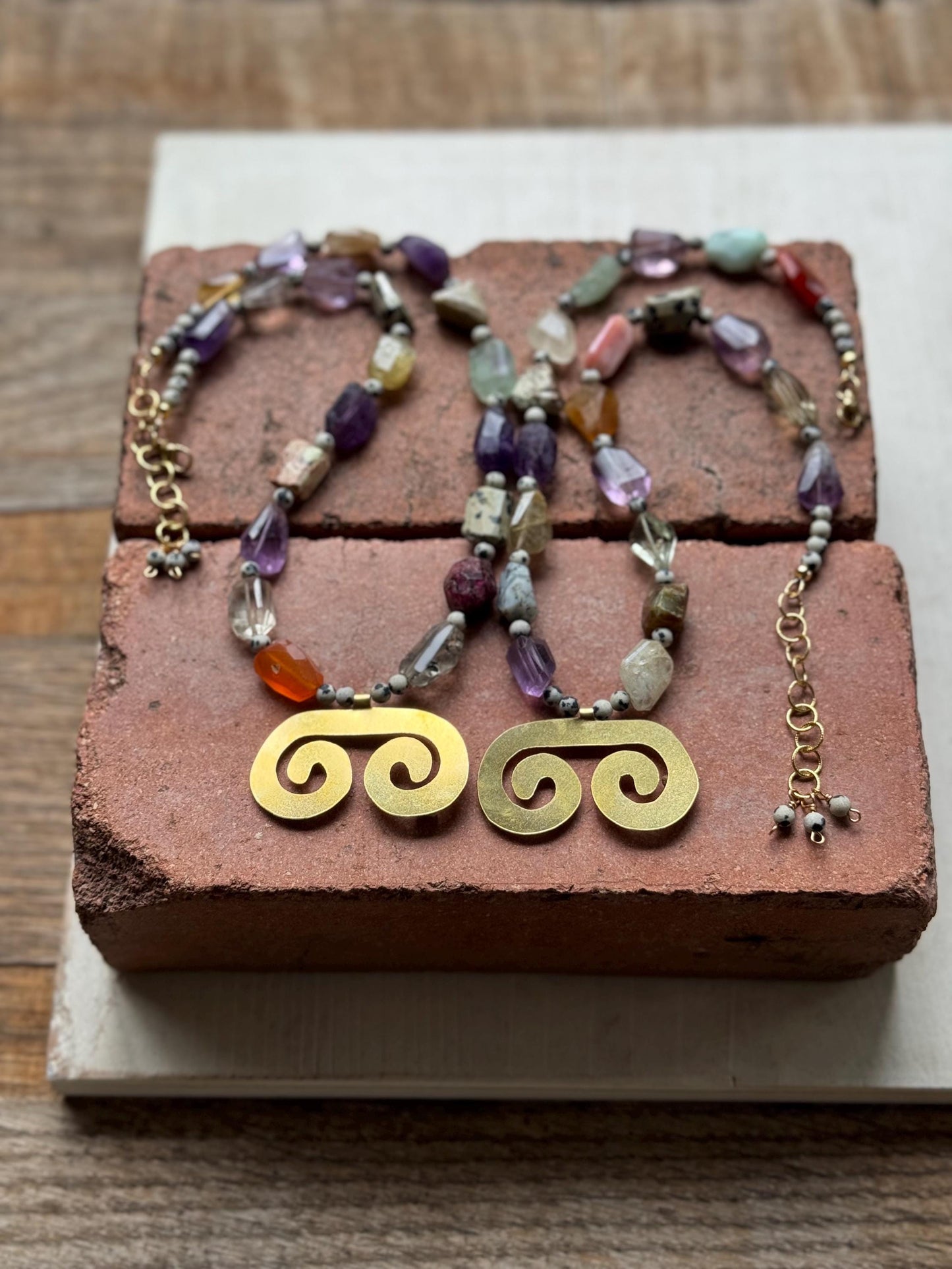 Pre-Columbian style brass double spiral Necklace: Multi Gemstone necklace